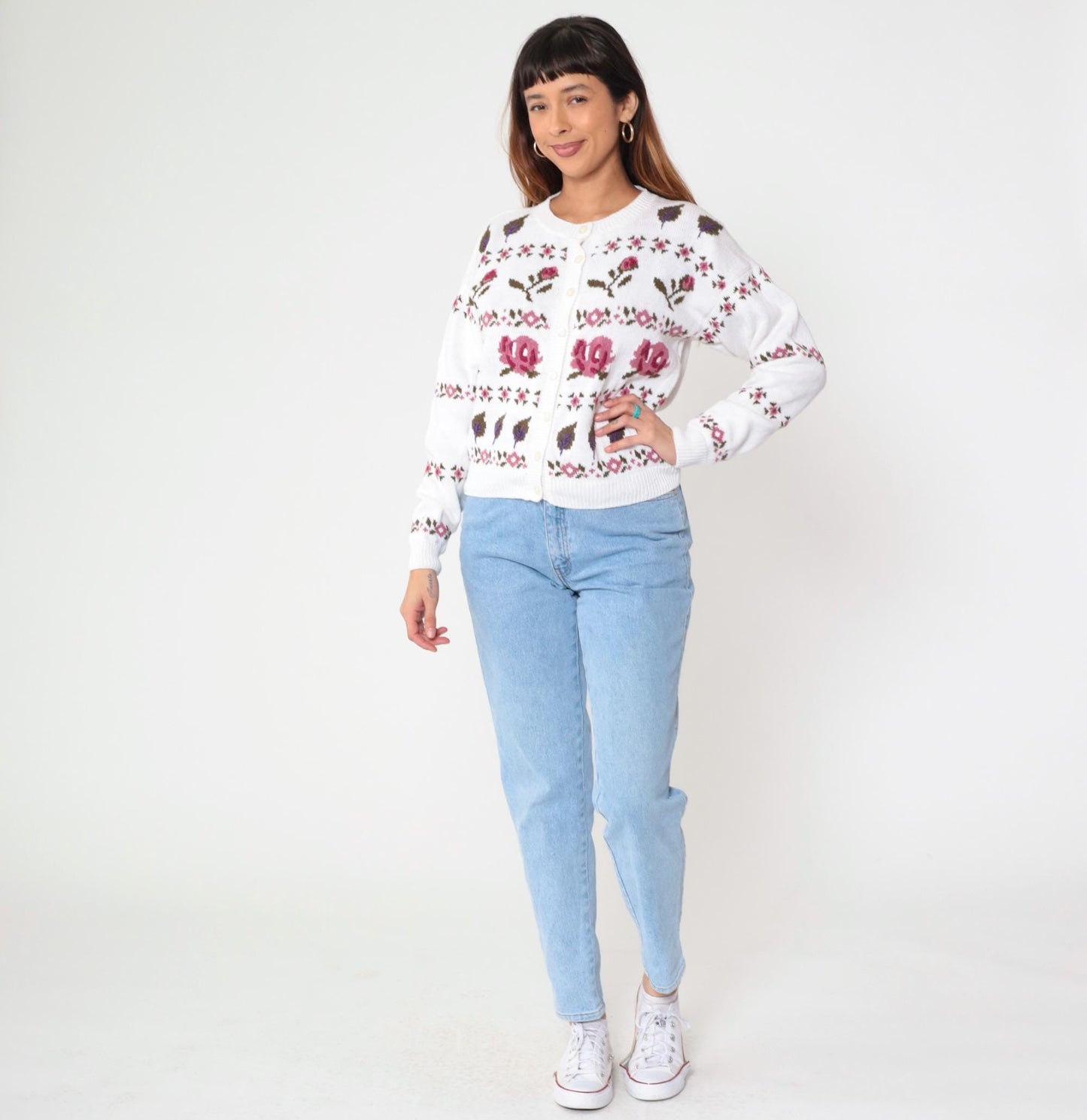 90s Ninon De Lendon Floral Cardigan White Cotton Ramie Knit Medium M