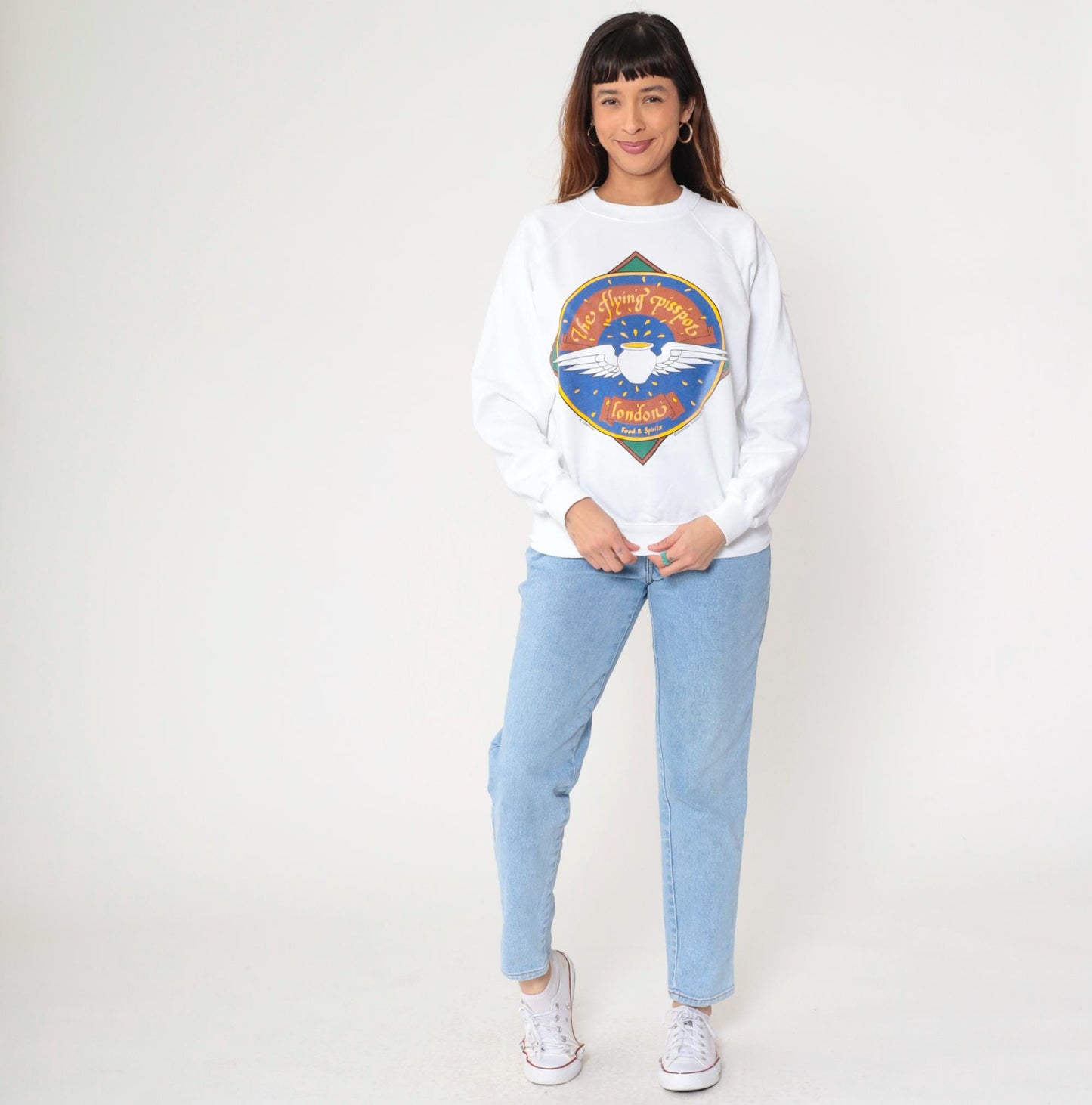 80s Flying Pisspot London Pub Graphic Sweatshirt White Raglan Crewneck Medium