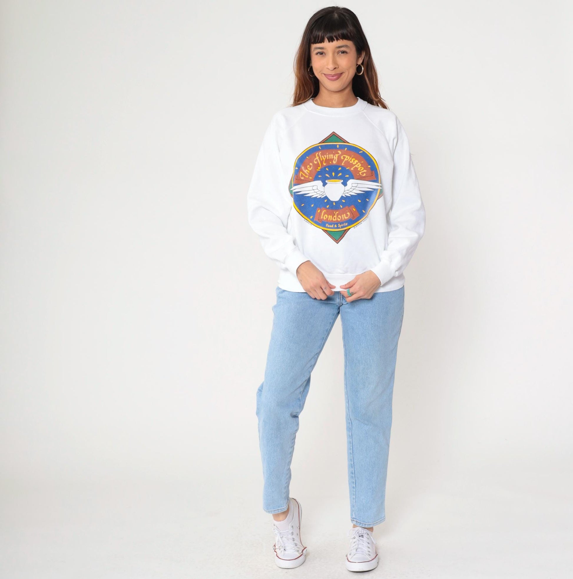80s Flying Pisspot London Pub Graphic Sweatshirt White Raglan Crewneck Medium