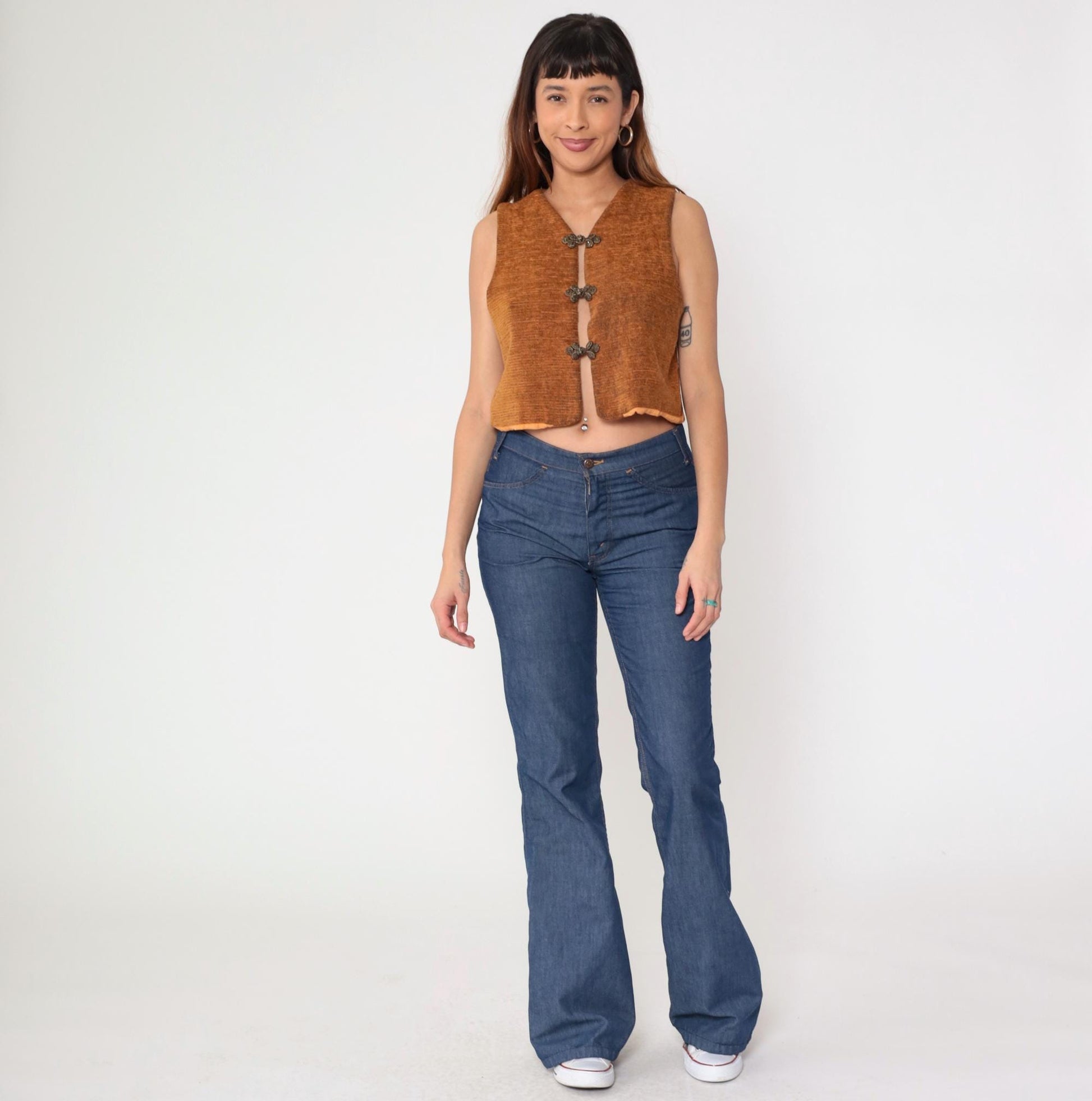 90s Burnt Orange Frog Closure Cropped Vest Woven Chinese Knot Medium