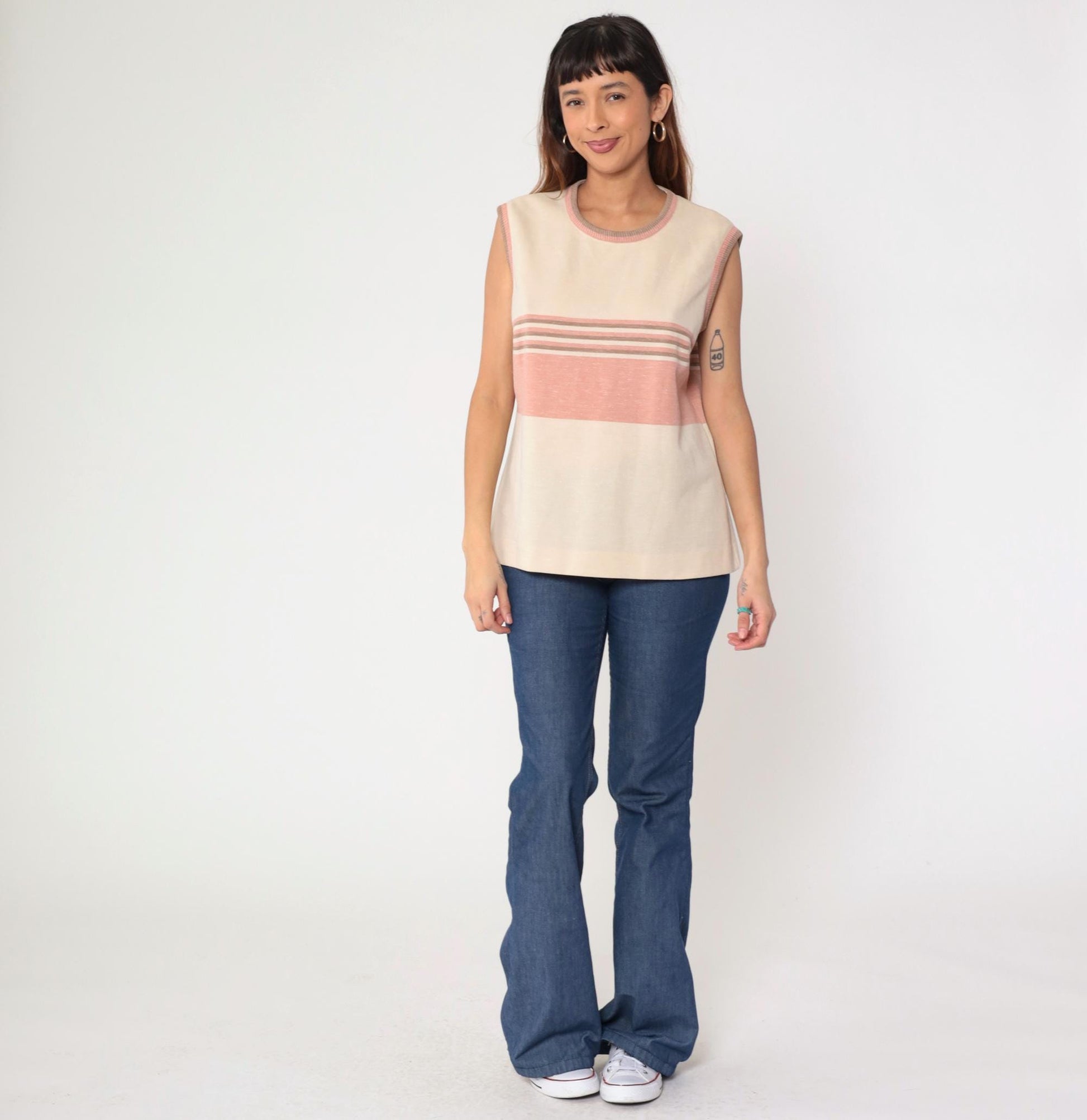 70s Striped Tank Top Cream Pink Ringer Neckline Sleeveless Medium Large