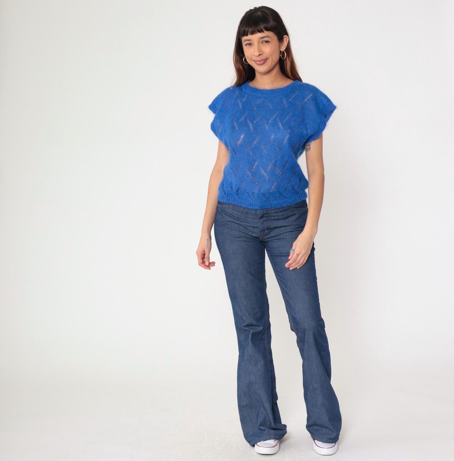 80s Jeanne Pierre Mohair Pointelle Sweater Top Royal Blue Cap Sleeve Small