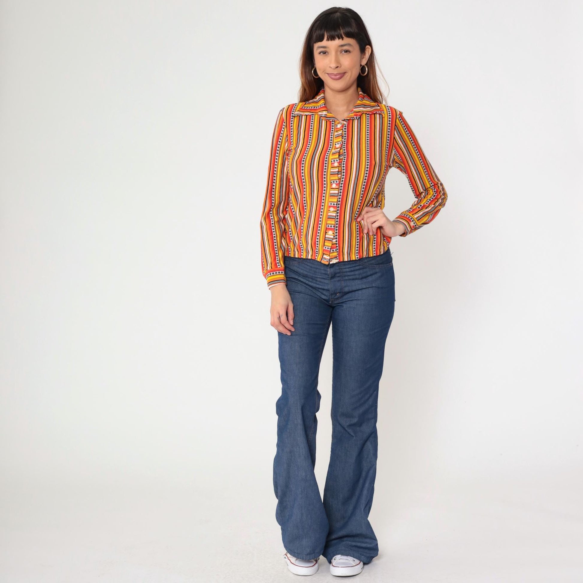 70s Orange Yellow Red Striped Button-Up Shirt Dagger Collar Long Sleeve Small
