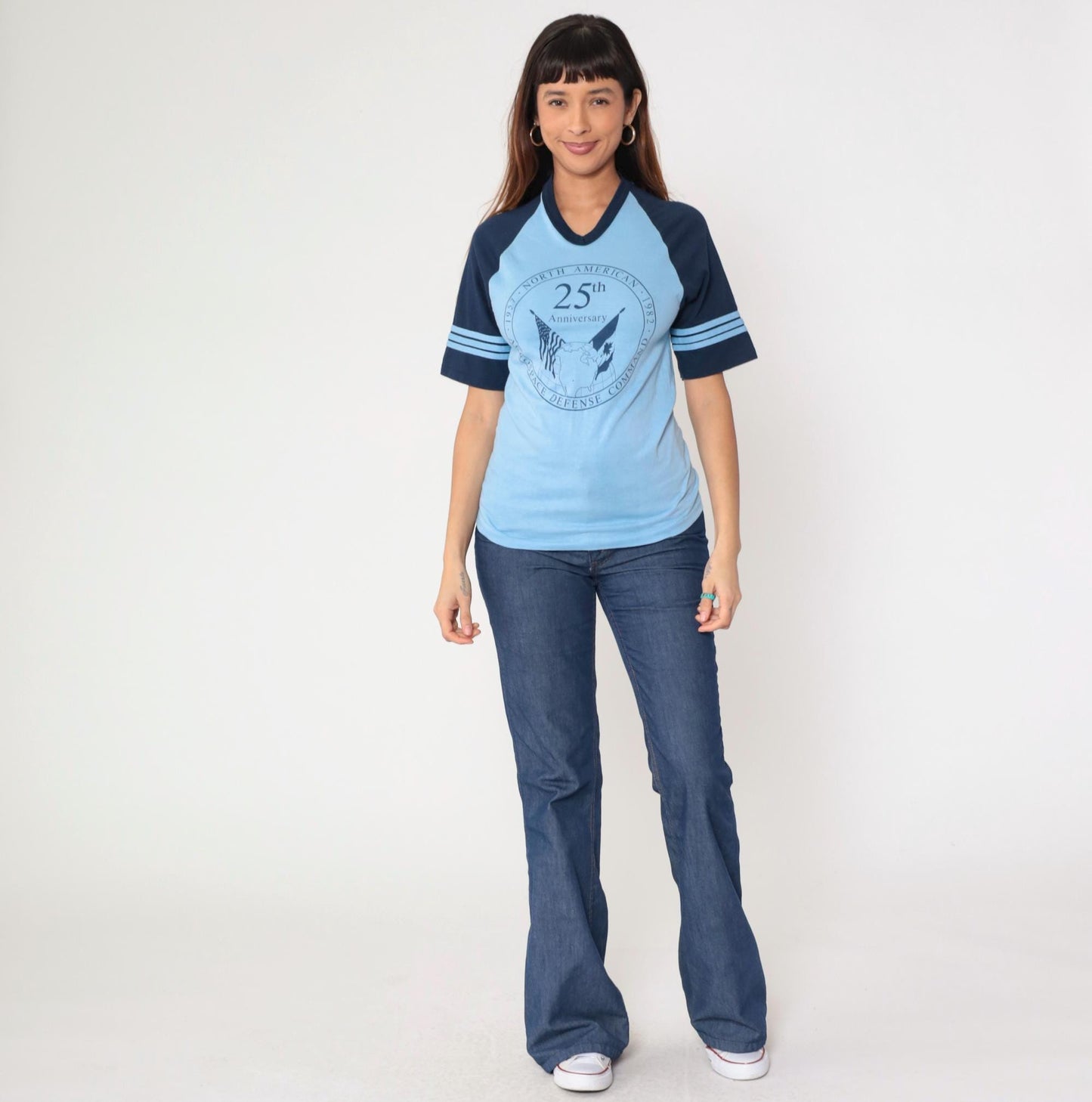80s NORAD 1982 Anniversary Ringer T-Shirt Blue Graphic Tee Small