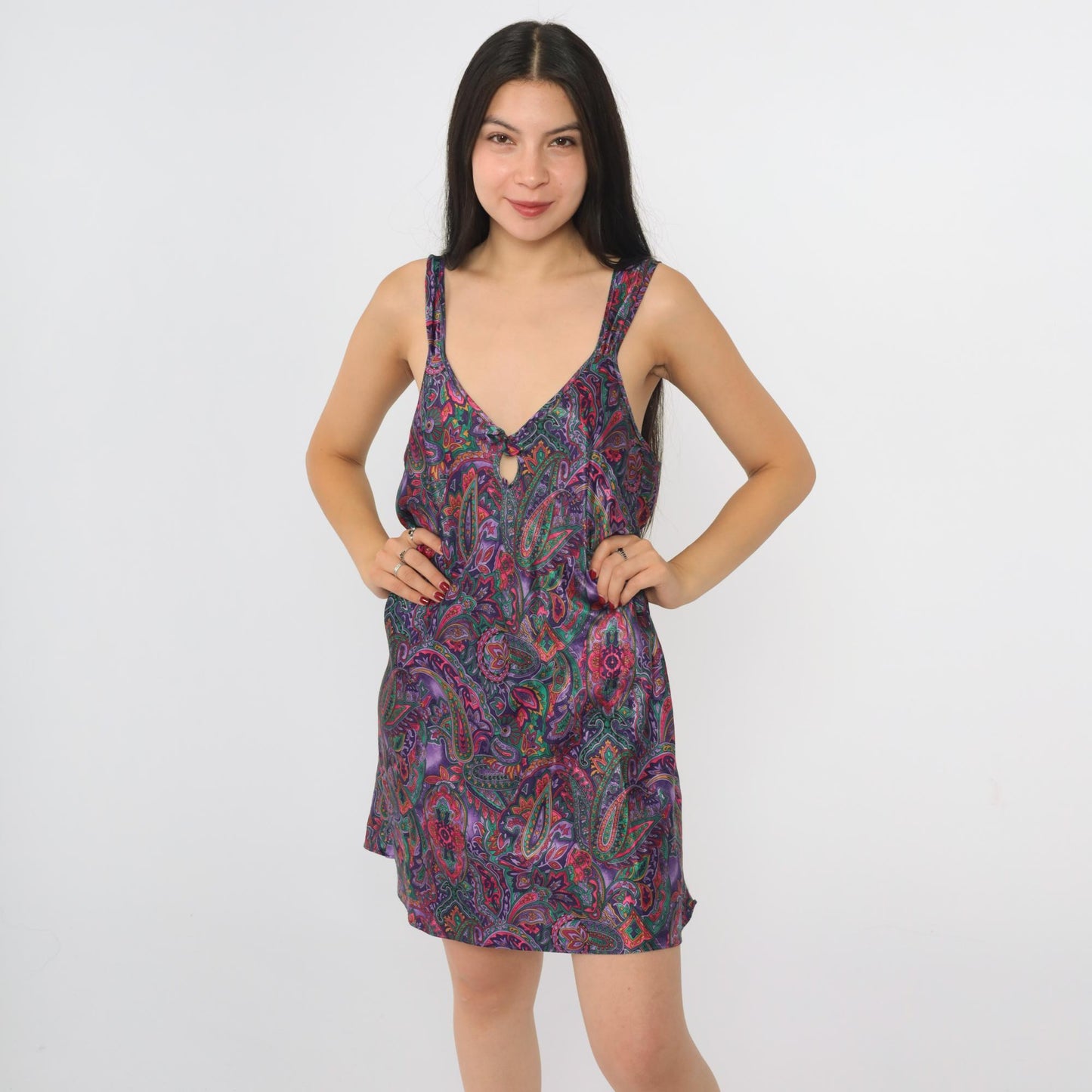 90s Purple Paisley Satin Slip Dress Keyhole V-Neck Mini Chemise Medium