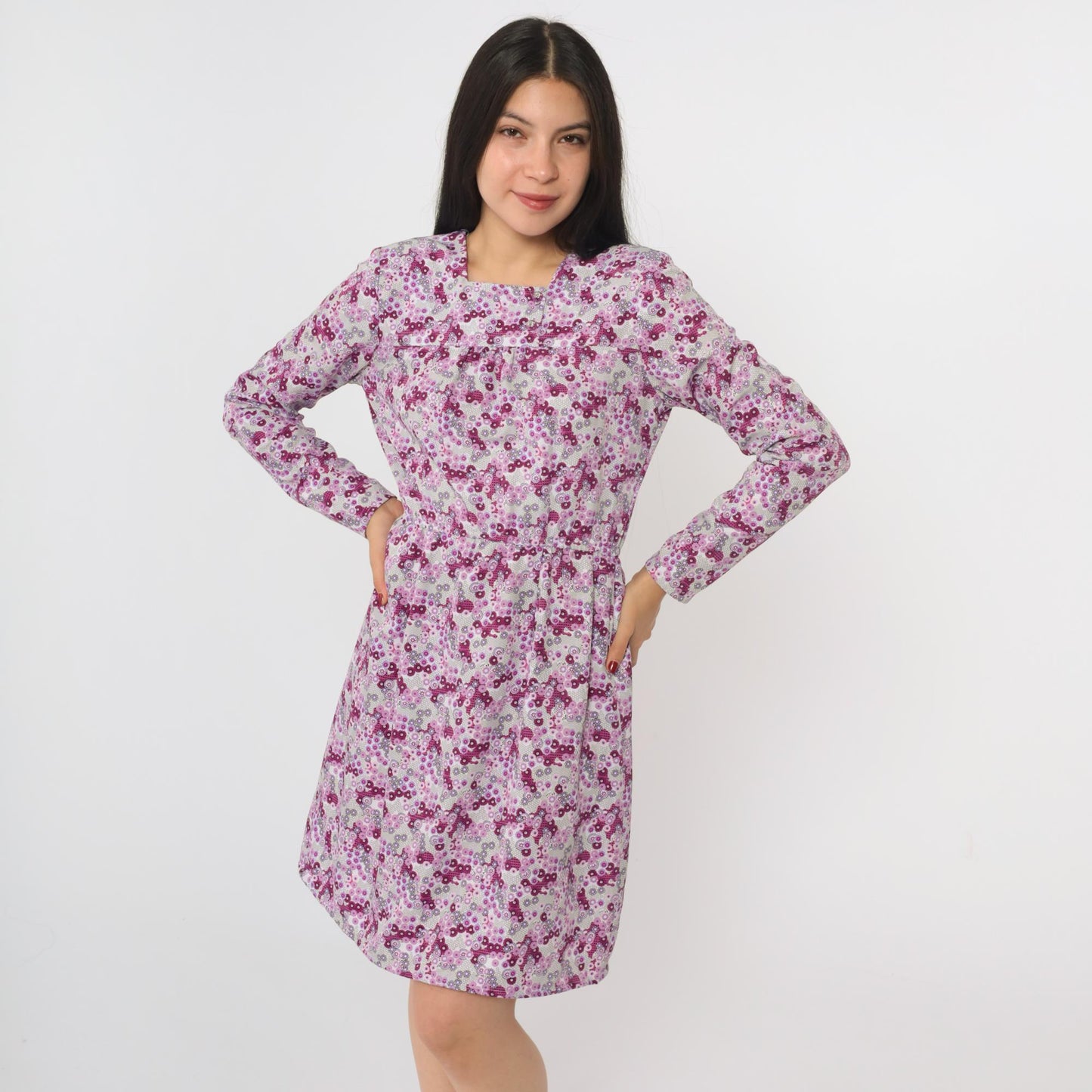70s Purple Floral Abstract Mini Dress Long Sleeve High Waist Square Neck Small