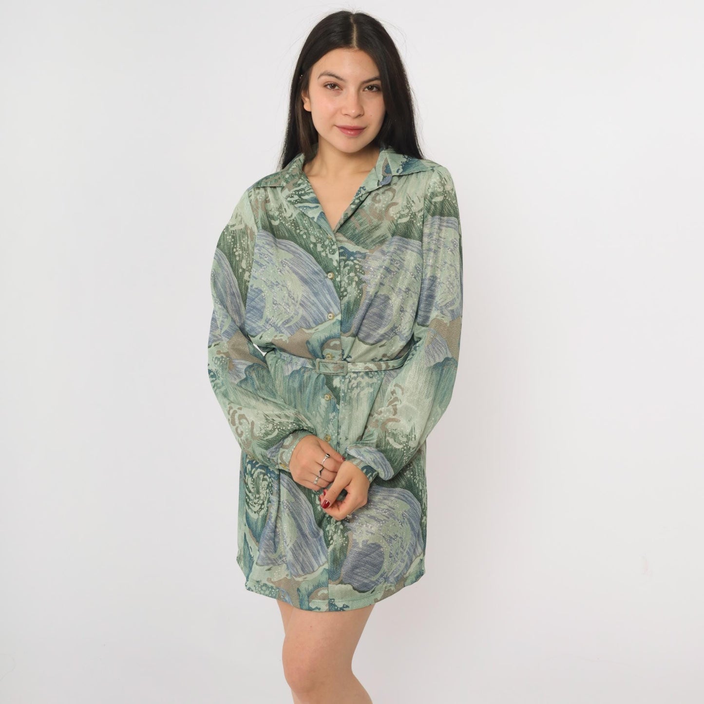 70s Abstract Wave Print Mini Shift Dress Button Up Long Sleeve Green Blue Medium M