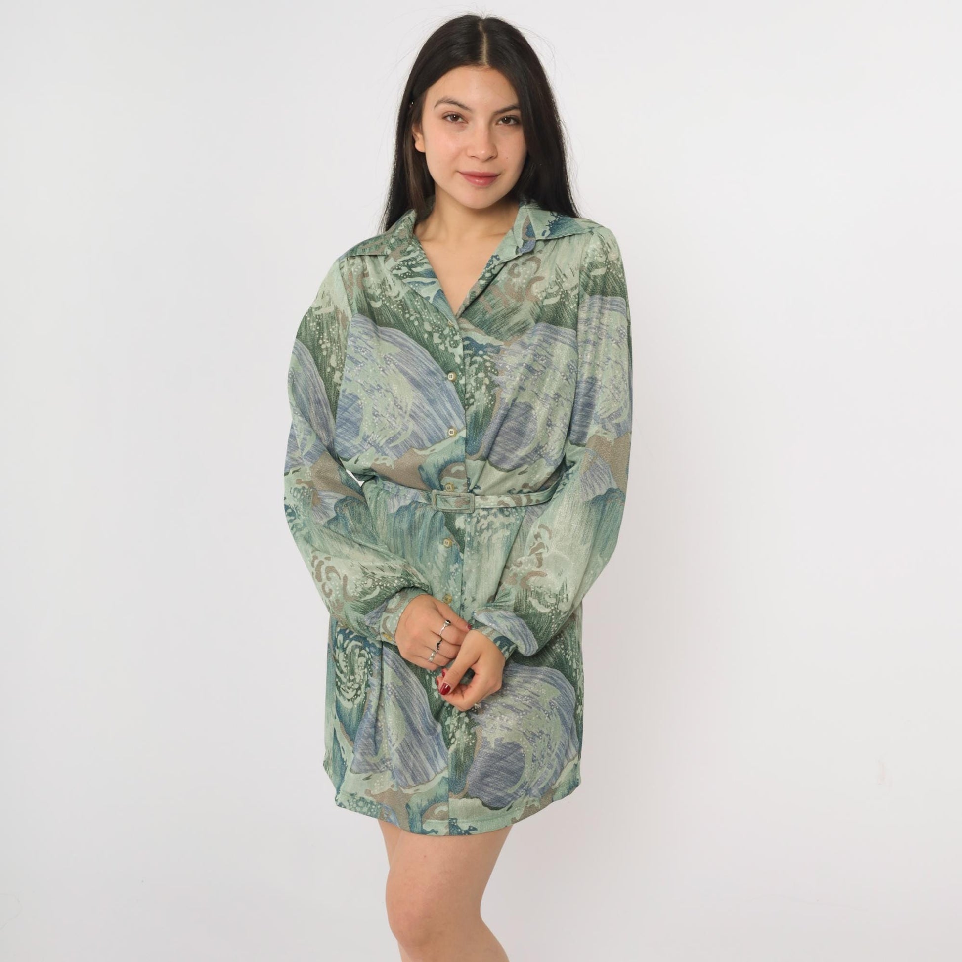 70s Abstract Wave Print Mini Shift Dress Button Up Long Sleeve Green Blue Medium M