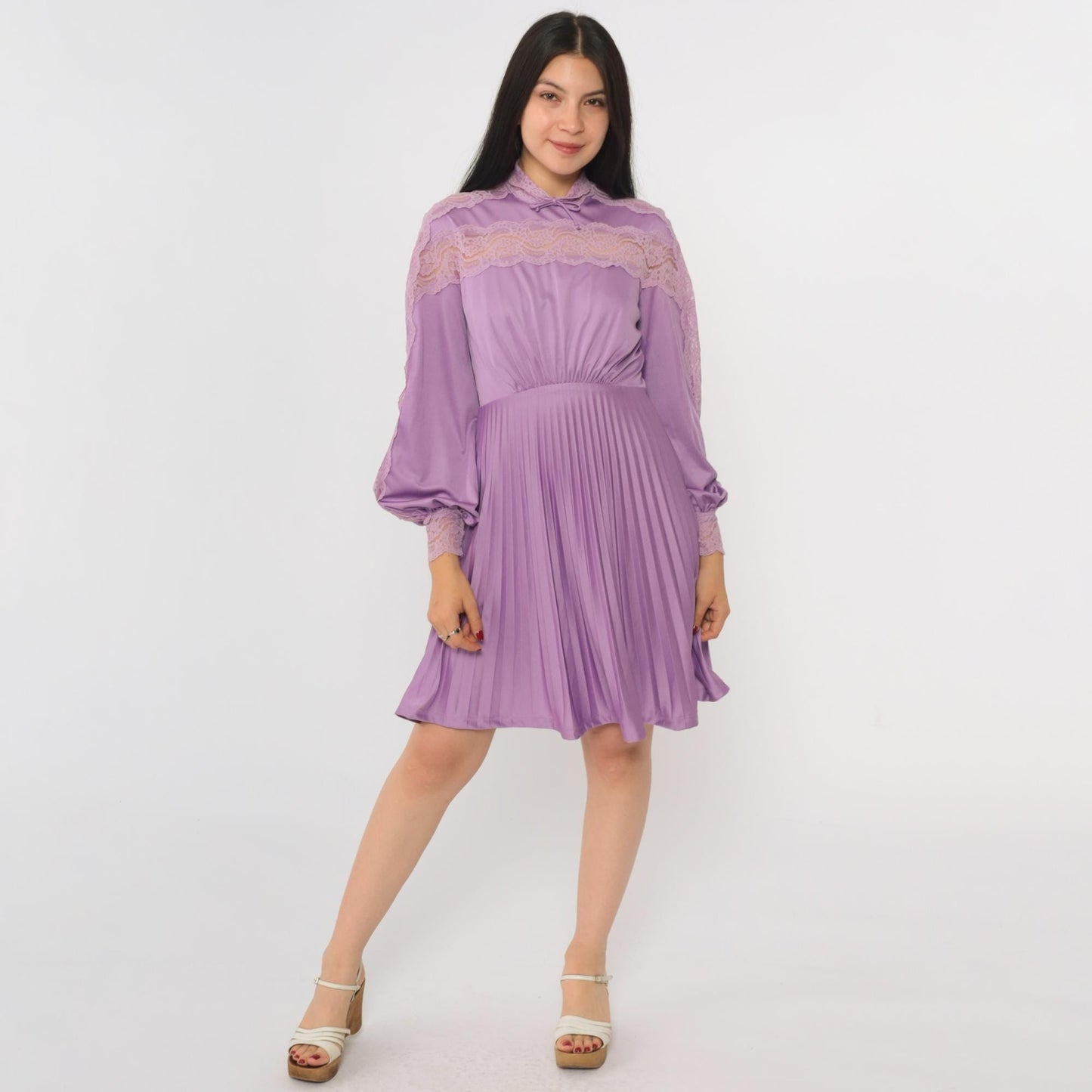 70s Purple Lace Mini Dress High Waist Pleated Long Sleeve Bow Neckline Extra Small