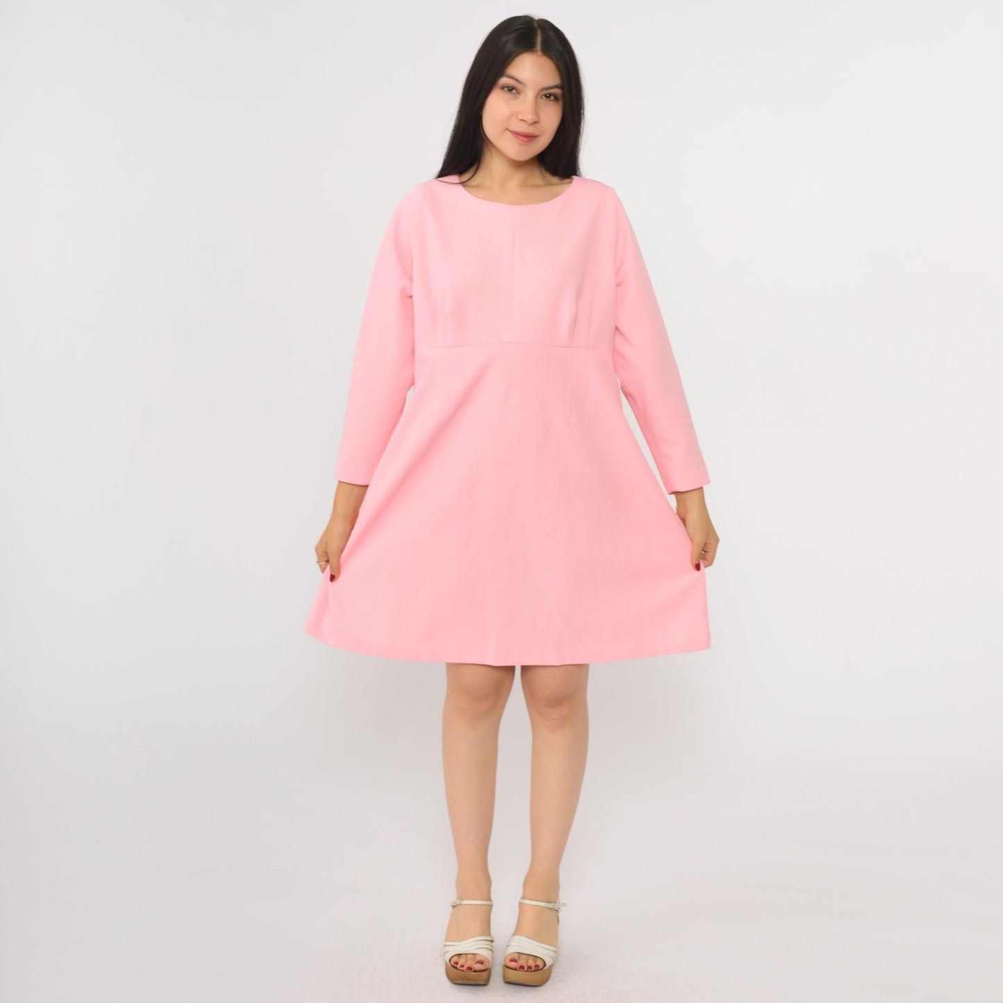 70s Pink Empire Waist Mini Dress Long Sleeve Flared Skirt Medium M