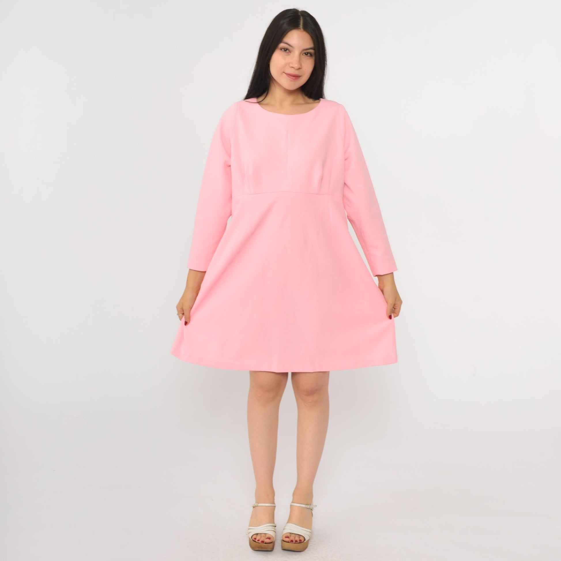 70s Pink Empire Waist Mini Dress Long Sleeve Flared Skirt Medium M