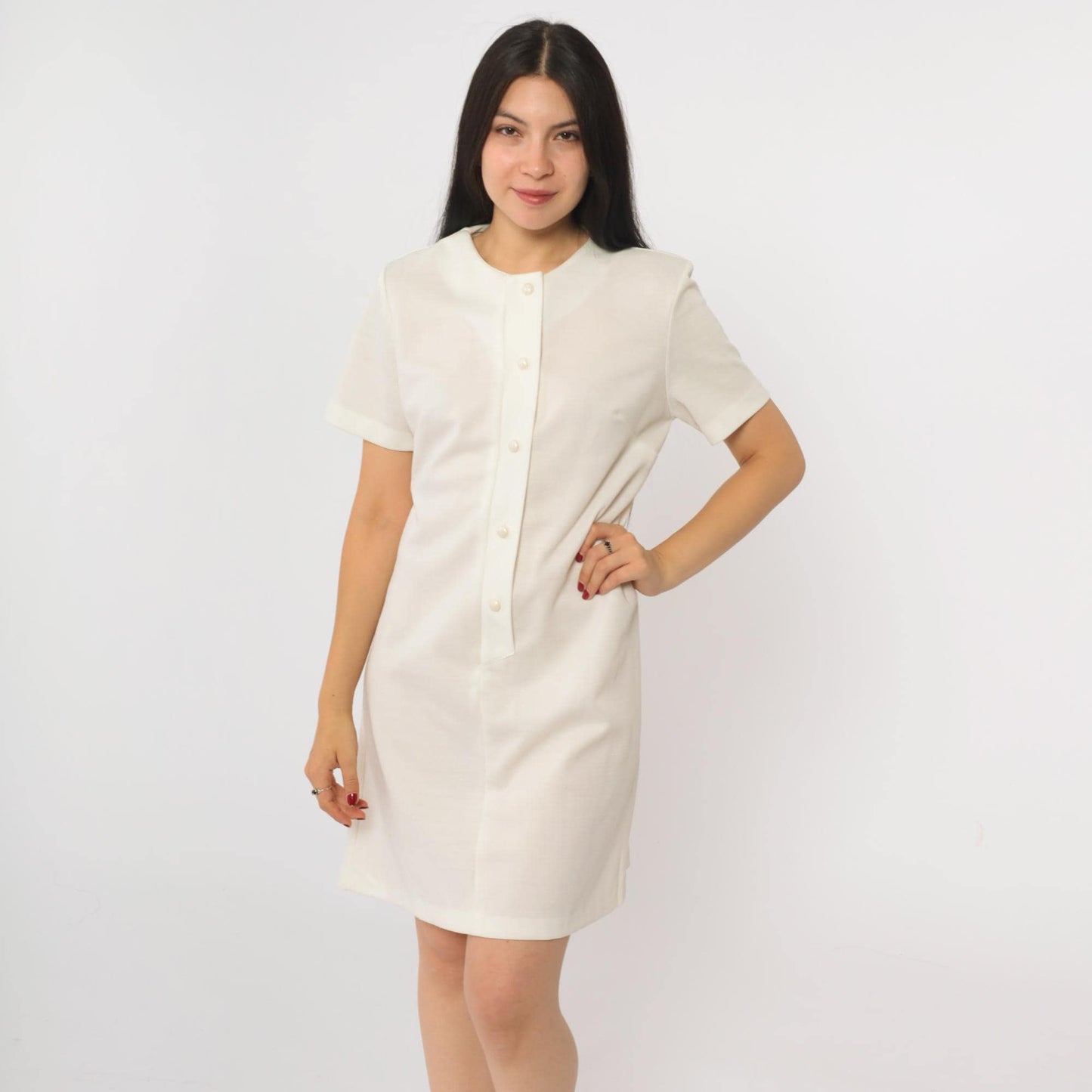 1970s White Shift Mini Dress Button-Up Short Sleeve Shirtdress Medium Large