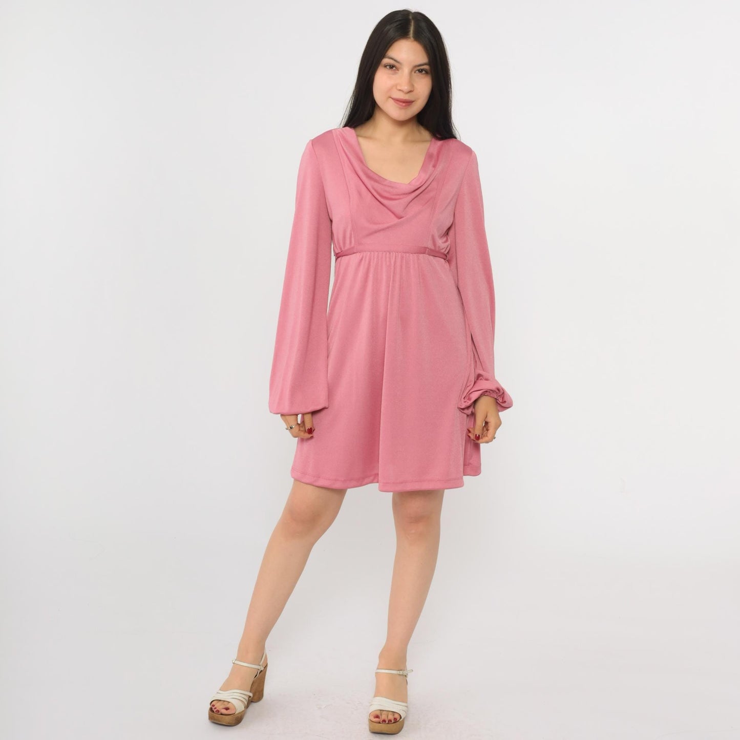 70s Pink Cowl Neck Mini Dress Balloon Sleeve Empire Waist Small