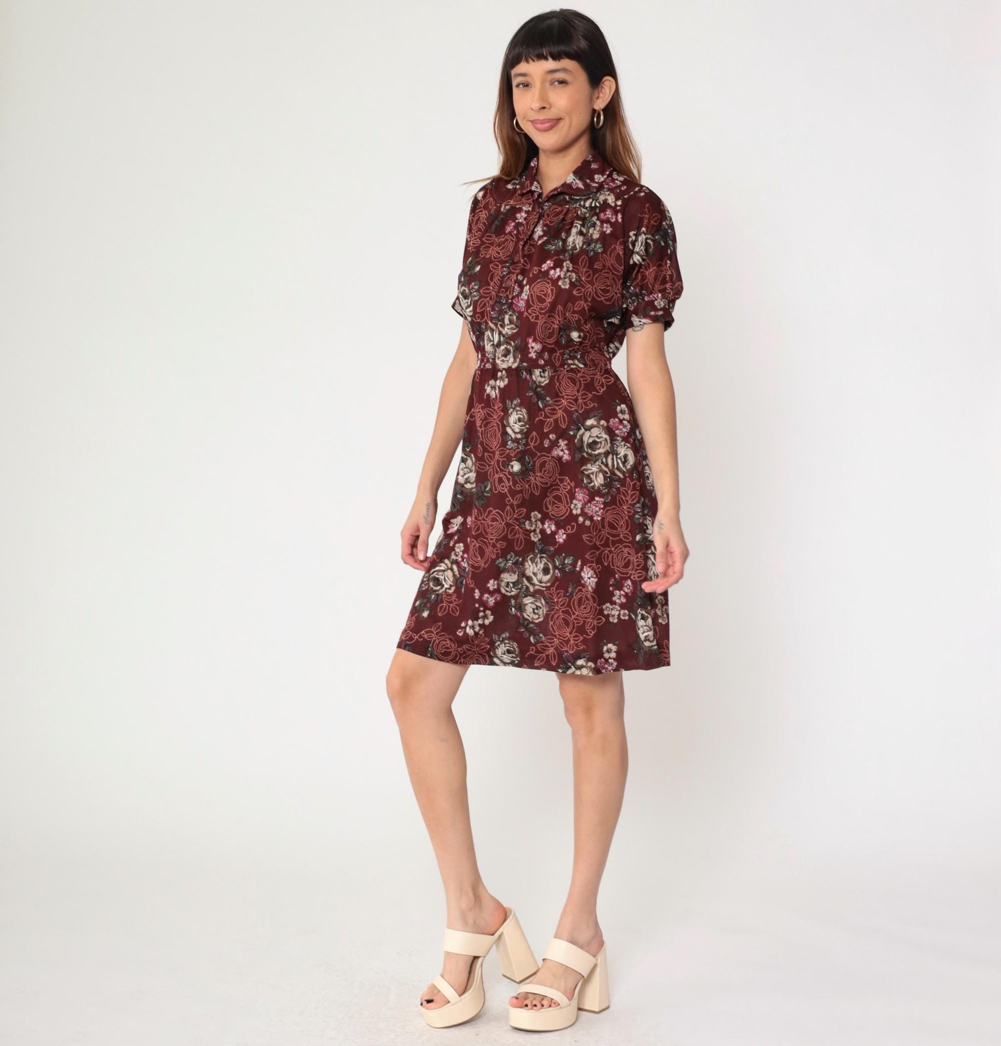 70s Maroon Floral Mini Dress High Waist Puff Sleeve Button Up Small Medium