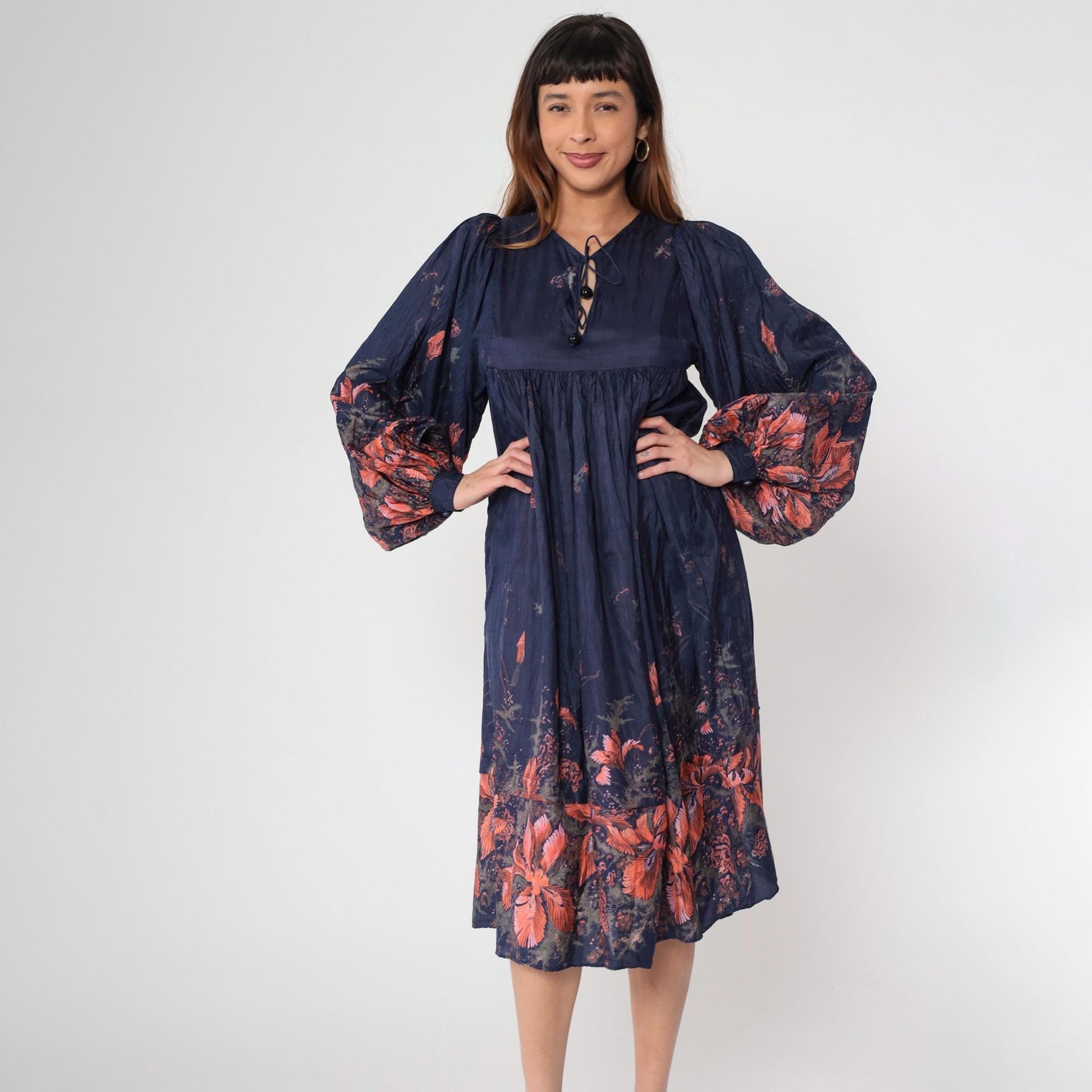 70s Phool Silk Dress Navy Blue Floral Block Print Empire Waist Midi Small