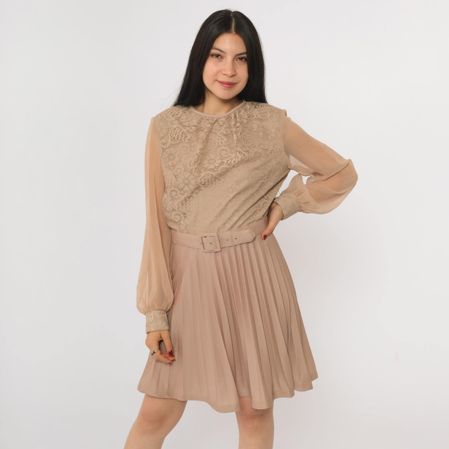 70s Taupe Lace Crochet Mini Dress High Waist Pleated Chiffon Sleeve Small
