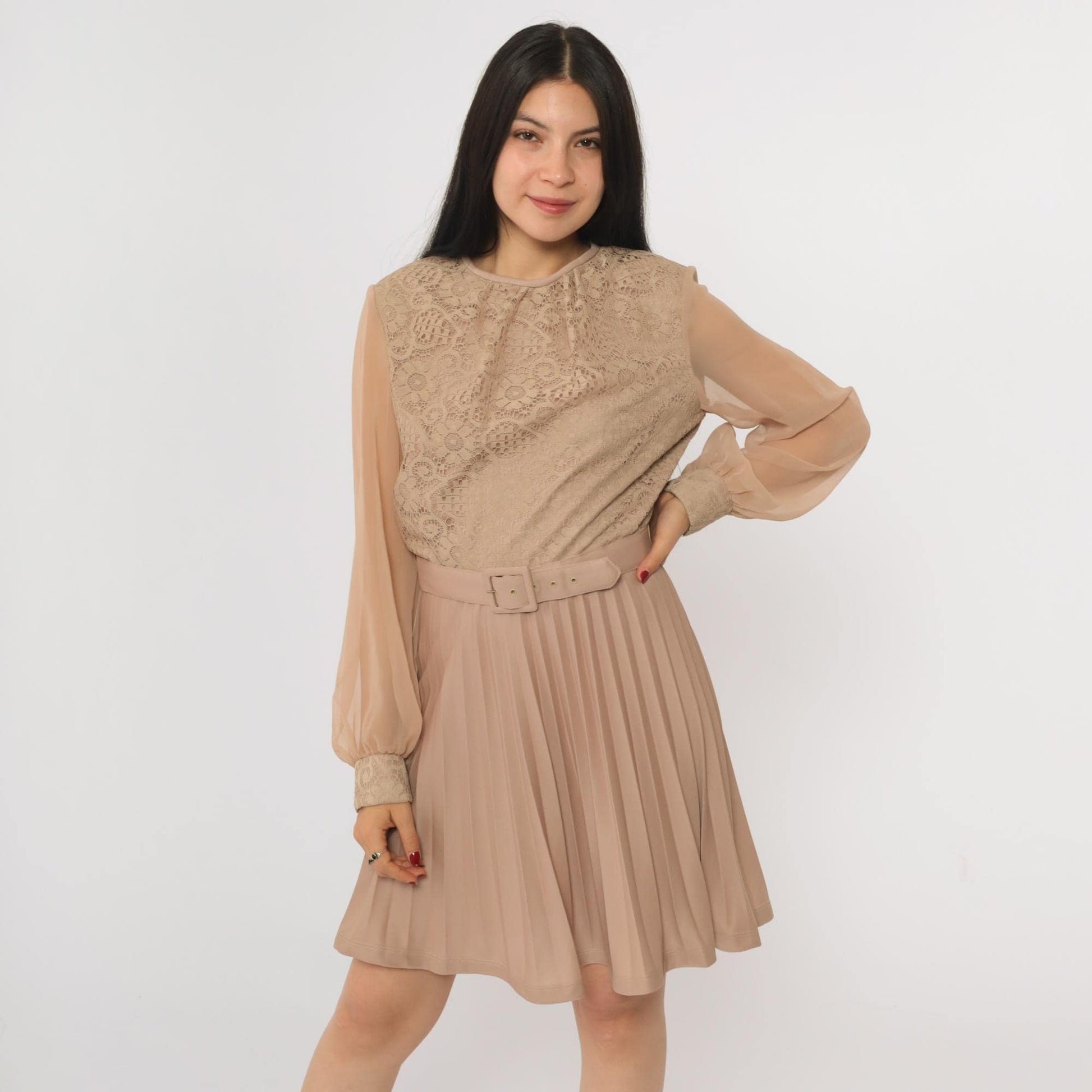 70s Taupe Lace Crochet Mini Dress High Waist Pleated Chiffon Sleeve Small