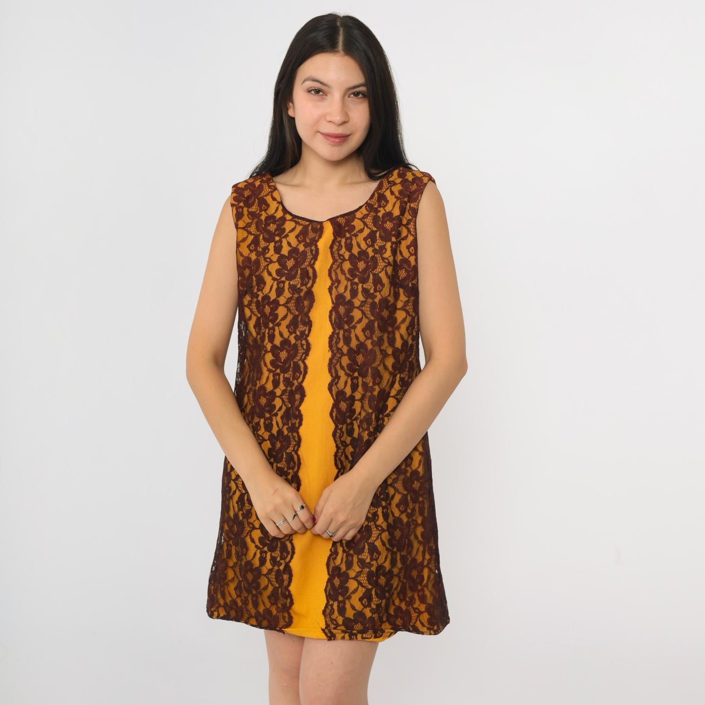 60s Orange Lace Cocktail Dress Shift Sleeveless Mini Small S