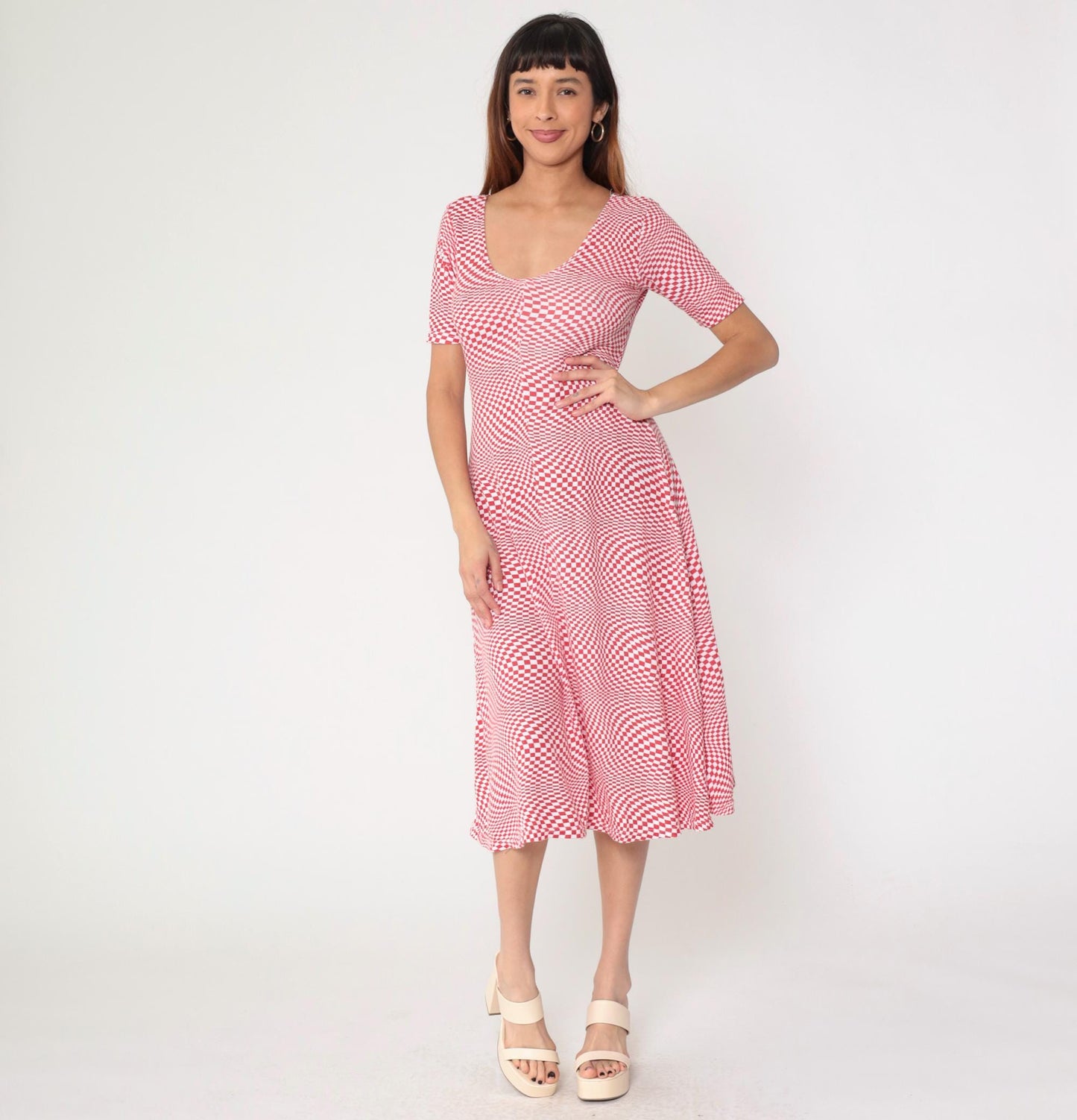 80s Op Art Red White Checkered Midi Dress Scoop Neck Fit Flare Medium Large