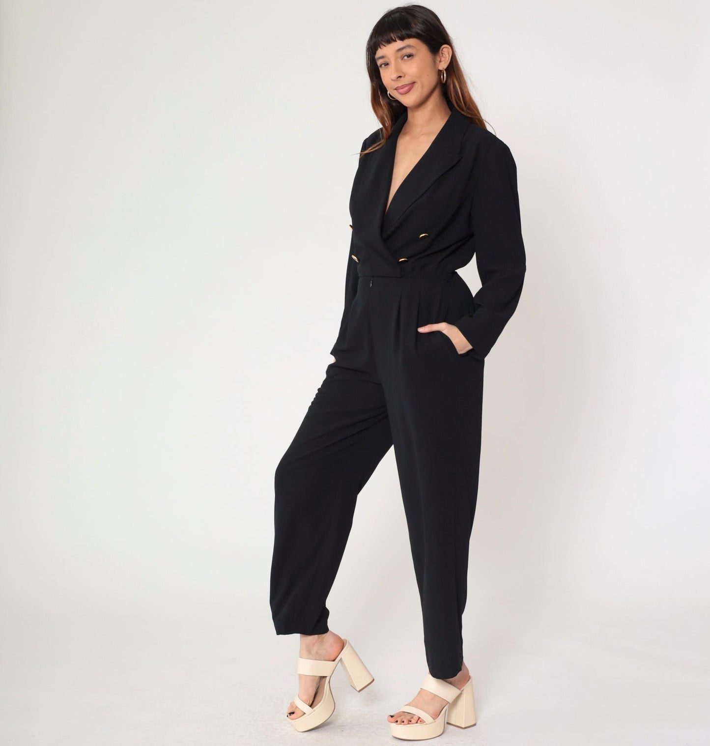 90s Liz Claiborne Black Double Breasted Jumpsuit Long Sleeve Small