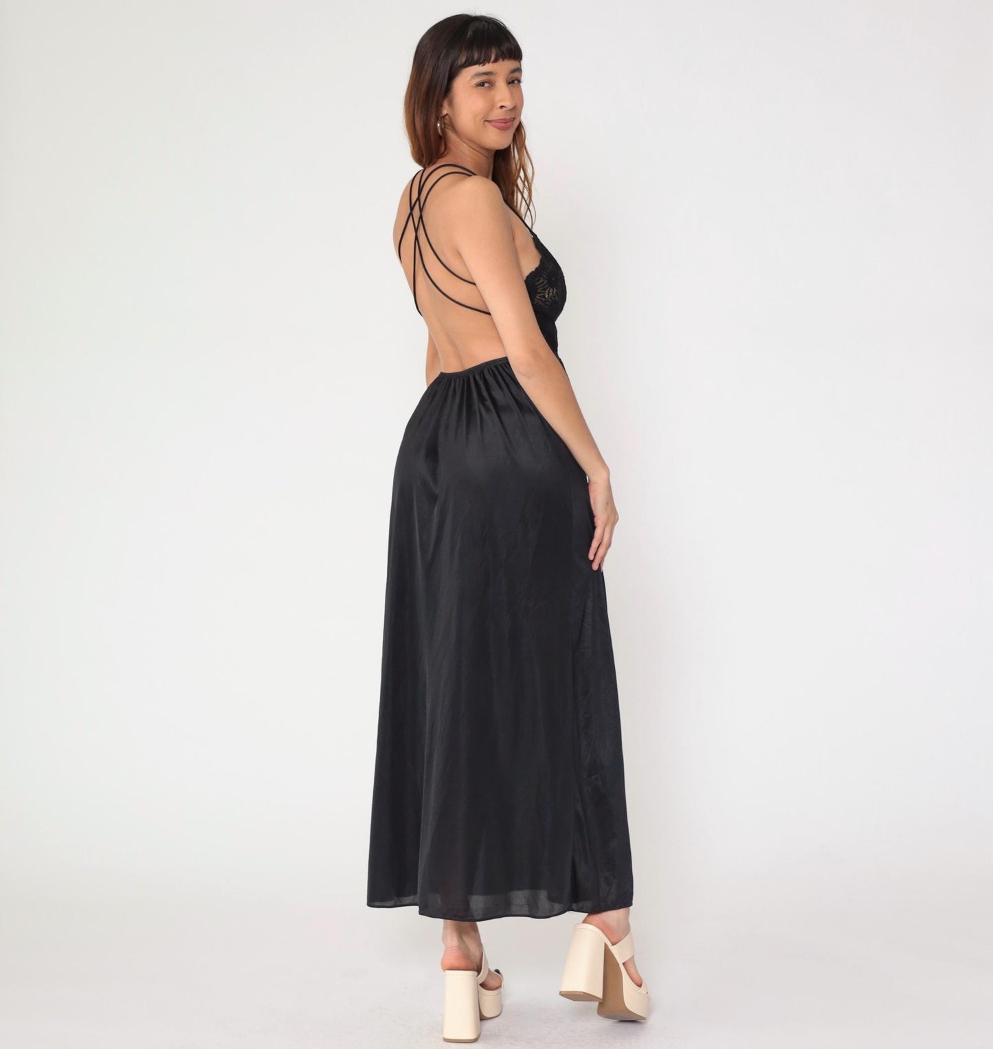 80s Black Lace Nylon Slip Dress Maxi Sweetheart Neckline Spaghetti Strap Small