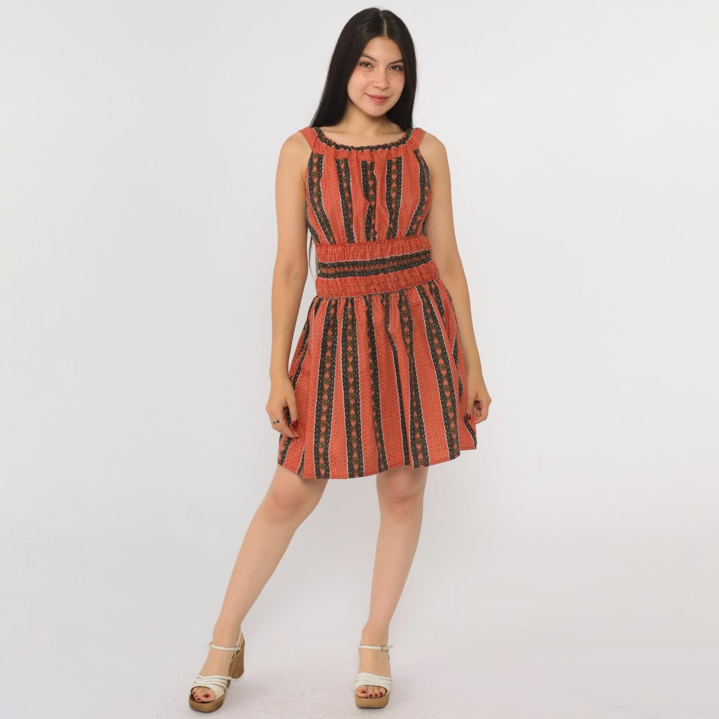 70s Heart Print Striped Peasant Dress Red Black Mini Sleeveless Small S