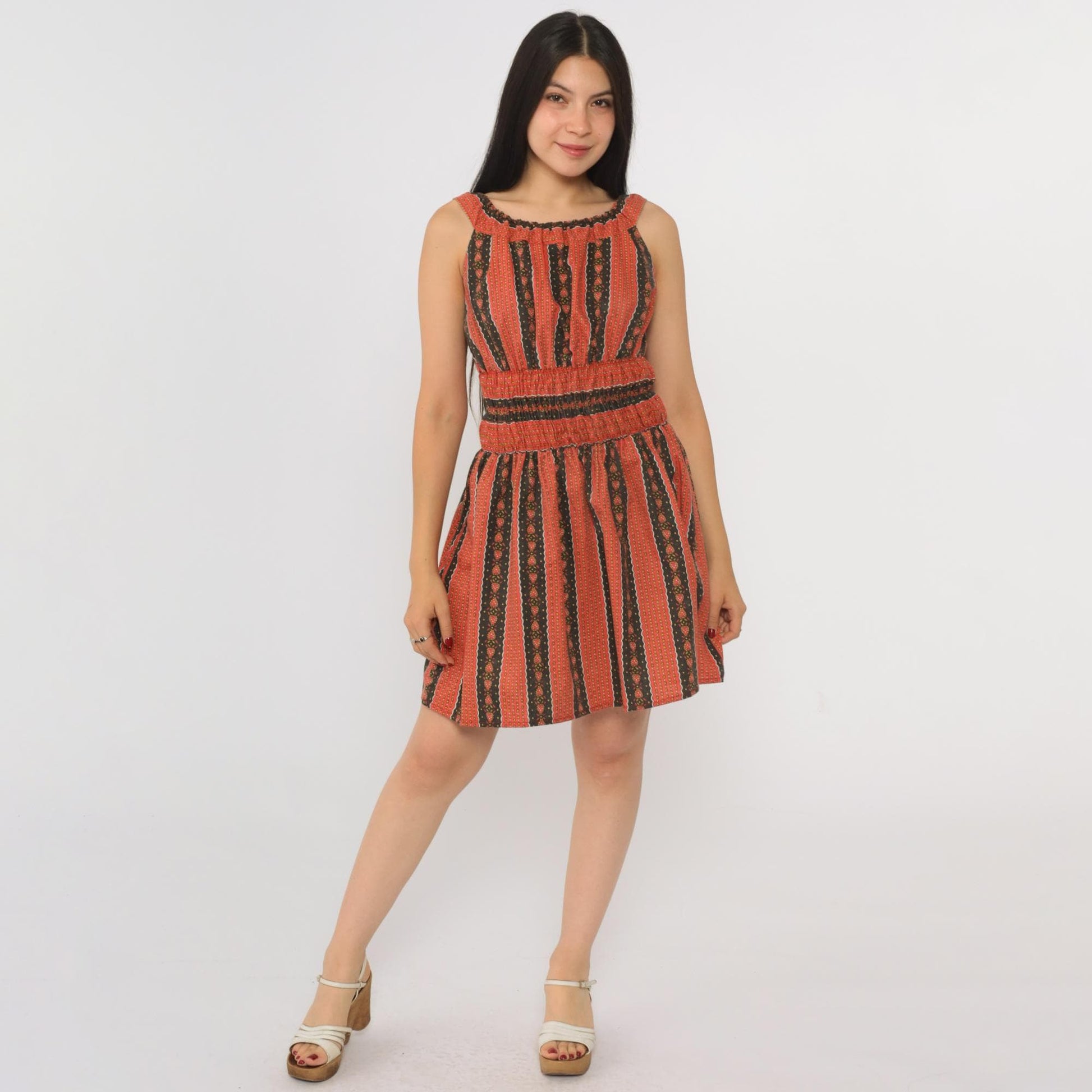 70s Heart Print Striped Peasant Dress Red Black Mini Sleeveless Small S
