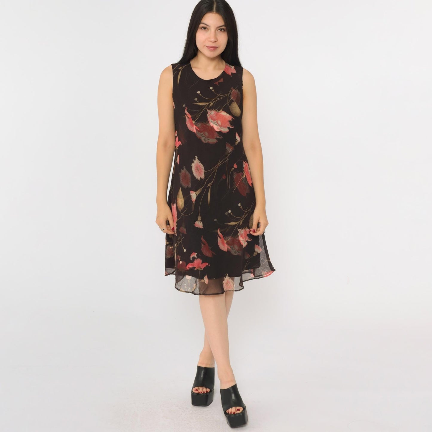 90s Jessica Howard Brown Floral Chiffon Midi Dress Sleeveless Medium M