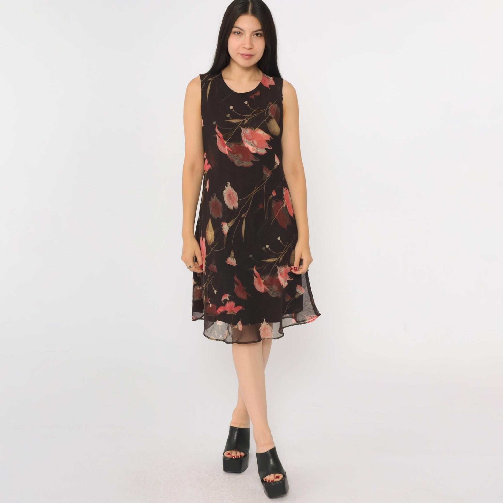 90s Jessica Howard Brown Floral Chiffon Midi Dress Sleeveless Medium M