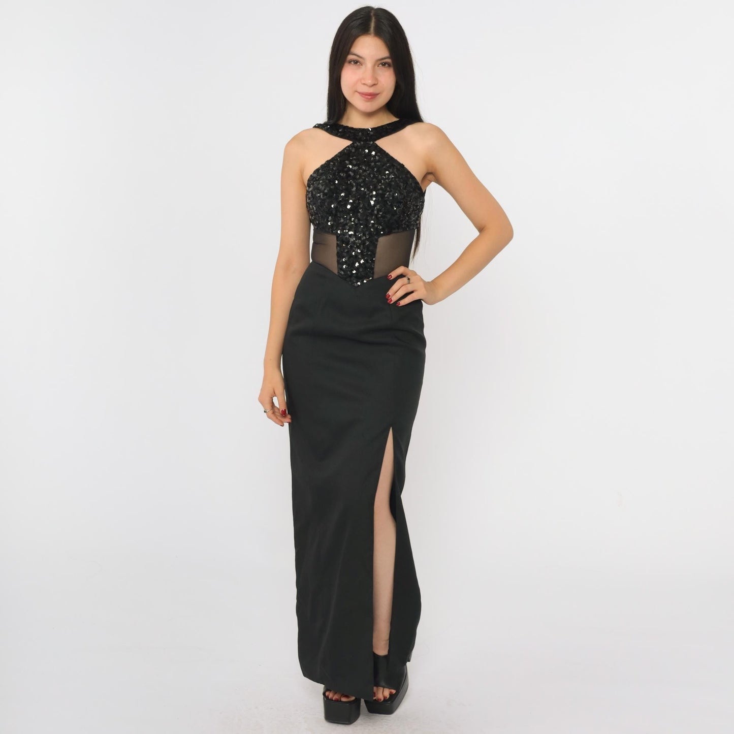 90s Black Sequin Halter Evening Gown Open Back High Slit Mesh Inset Extra Small