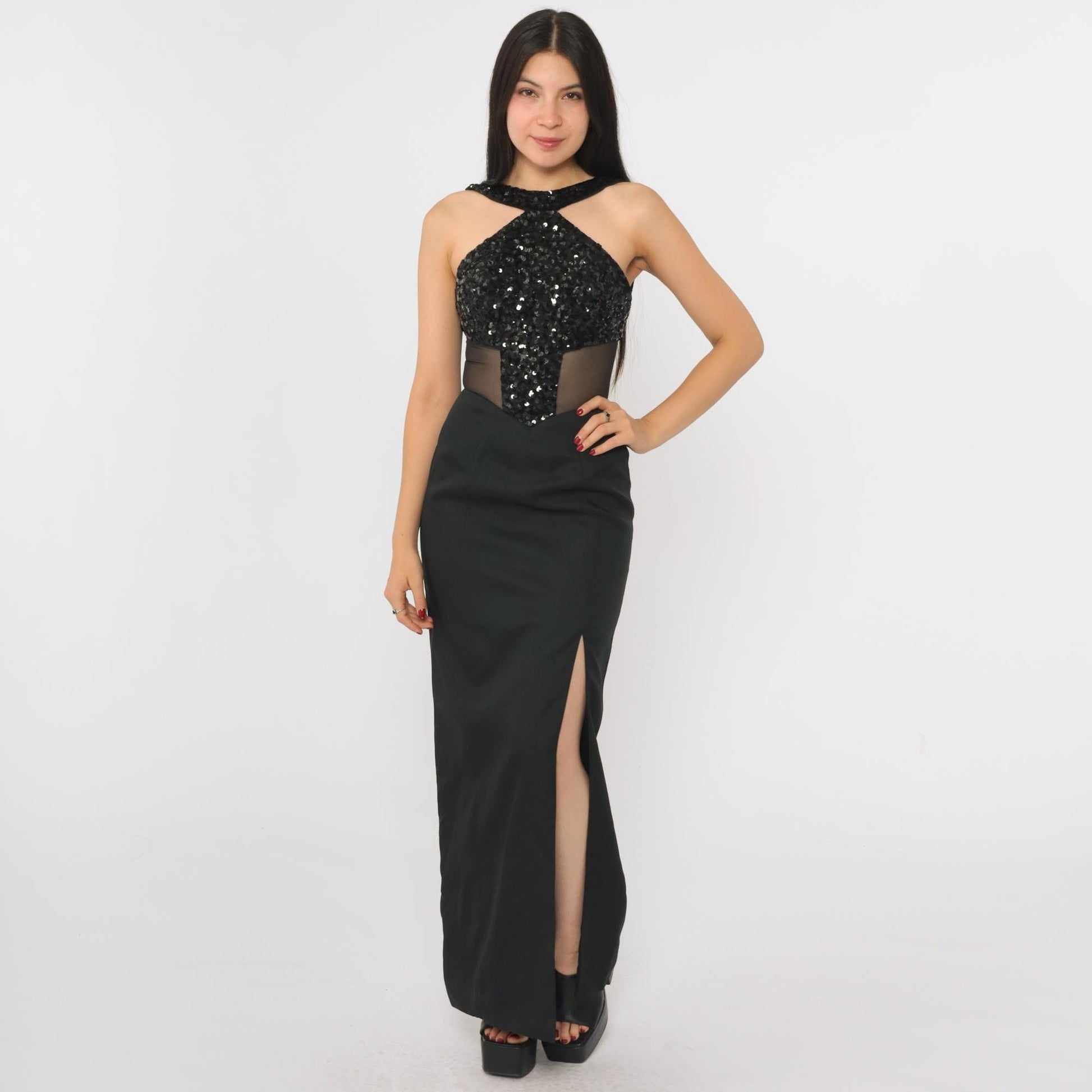 90s Black Sequin Halter Evening Gown Open Back High Slit Mesh Inset Extra Small