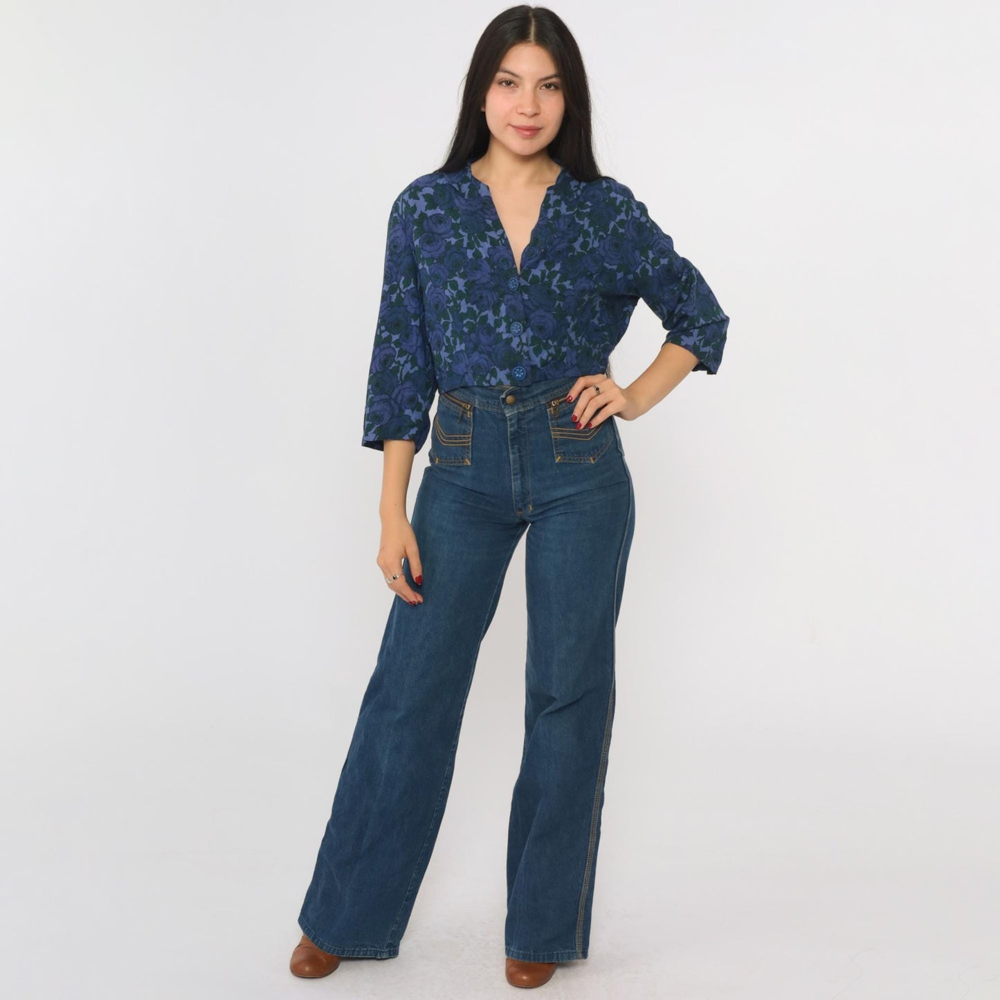 60s Floral Cropped Blouse Dark Blue Button-Up Collar Shirt 3/4 Sleeve Medium M