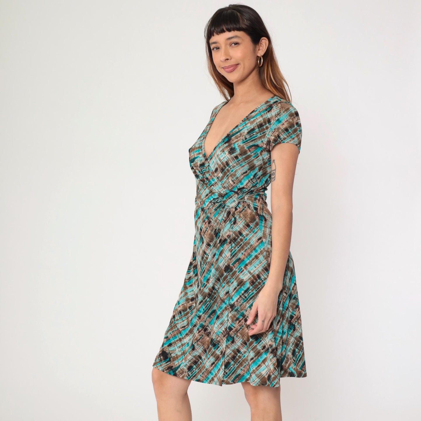 Y2K Abstract Striped Midi Wrap Dress Turquoise Brown Short Sleeve Small 6