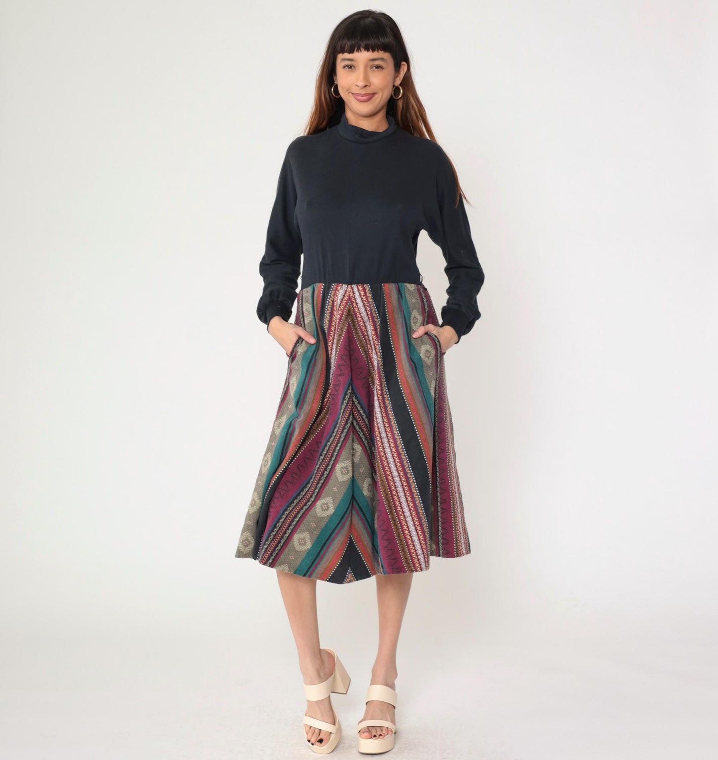 80s Orvis Chevron Stripe Midi Dress Mock Neck Long Sleeve Black Bodice Small