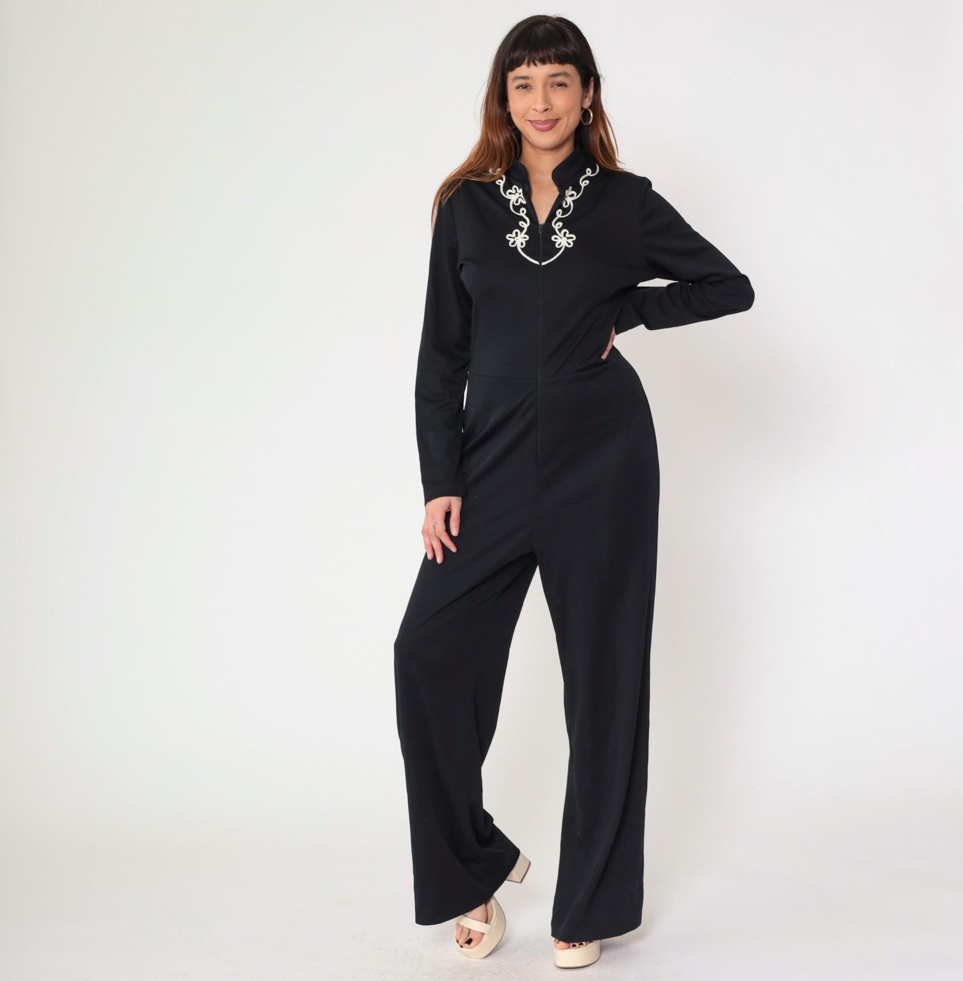 70s Black Jumpsuit White Floral Soutache Trim Straight Leg Long Sleeve Medium Large