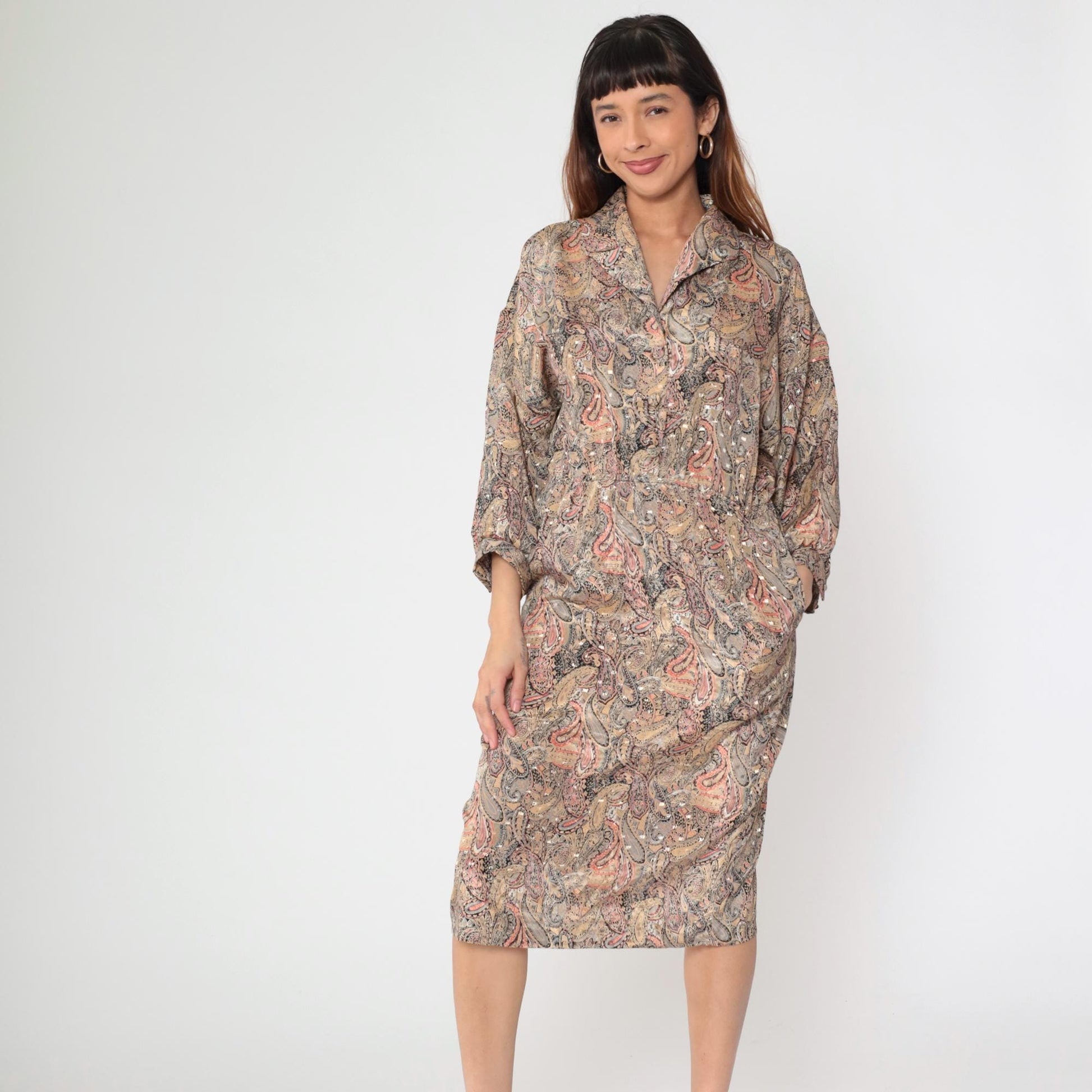 80s The Jones Girl Paisley Midi Dress High Waist Button Up Beige Medium