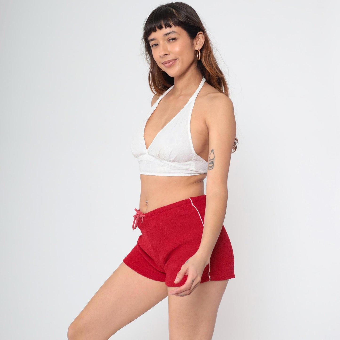 Y2K Red Terry Cloth Shorts White Striped Drawstring Small