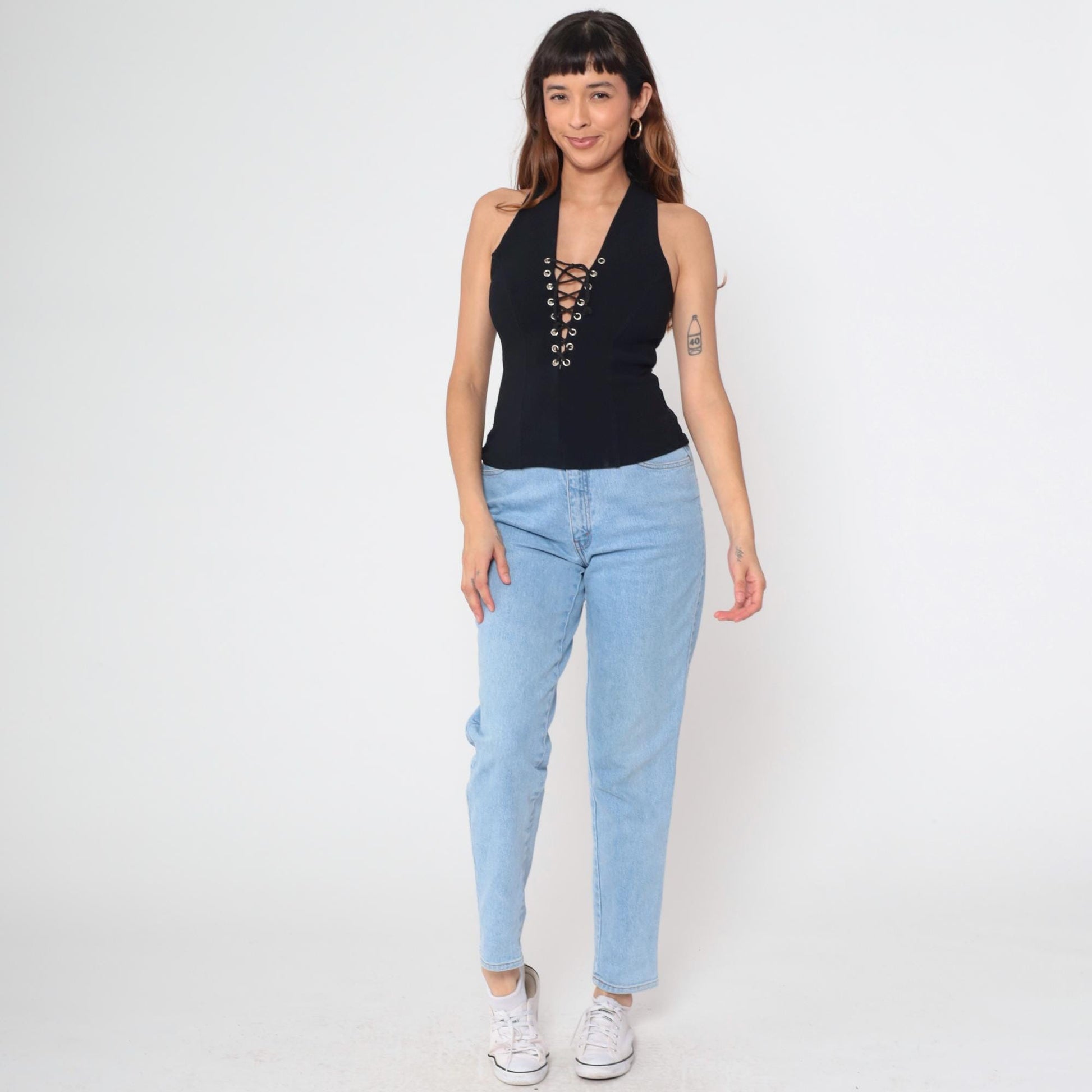 Y2K Black Lace-Up Corset Tank Top Racerback Sleeveless Small S