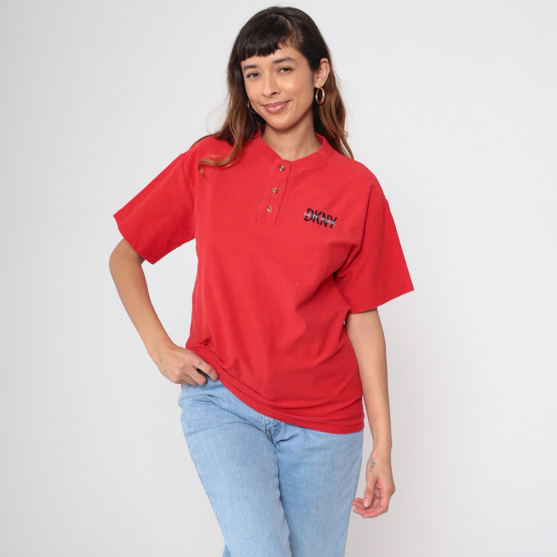 90s DKNY Henley Shirt Red Cotton Short Sleeve Button Up Medium M