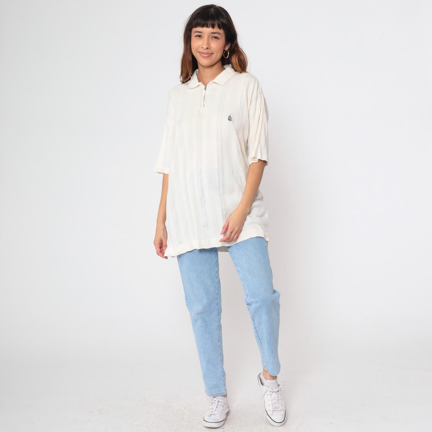 90s Nautica Quarter Zip Sailboat Shirt Off-White Ribbed Cotton Medium M