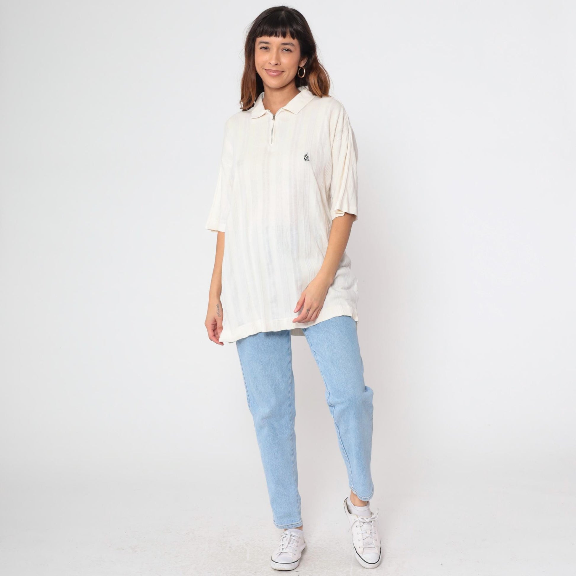 90s Nautica Quarter Zip Sailboat Shirt Off-White Ribbed Cotton Medium M