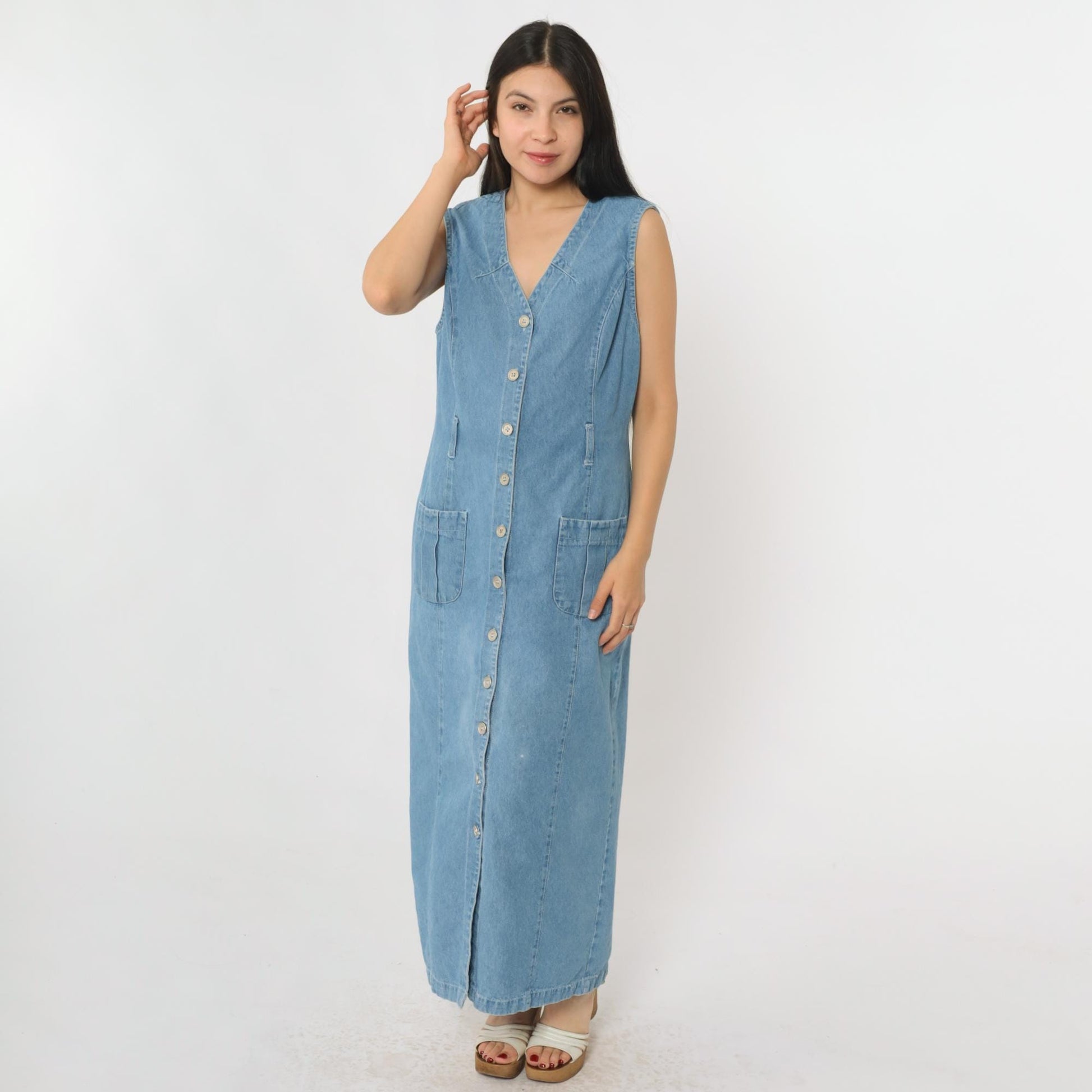 90s Studio Ease Blue Denim Jumper Dress Sleeveless V Neck Maxi Medium M