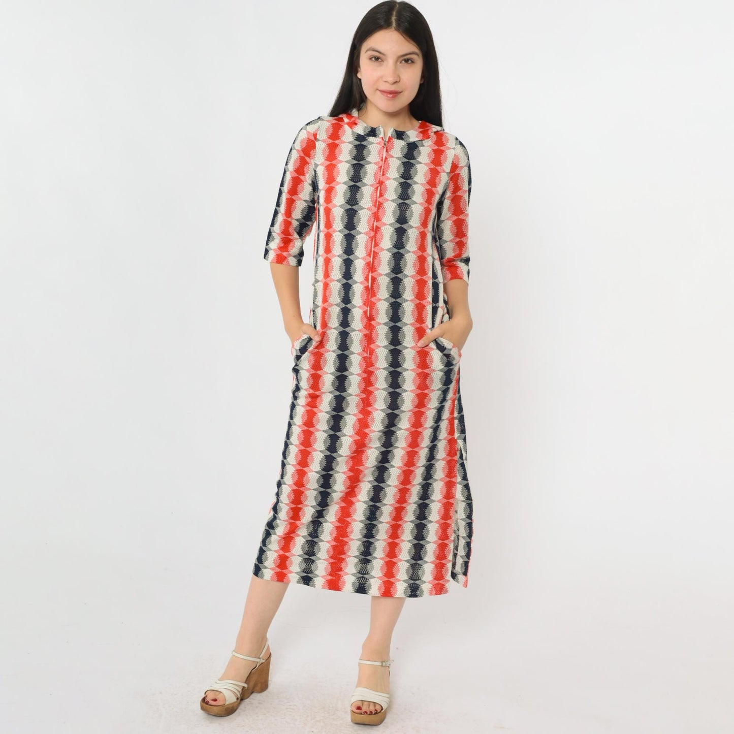 70s Mod Op Art Zip Dress Red Navy White Hooded Midi Cutout Small