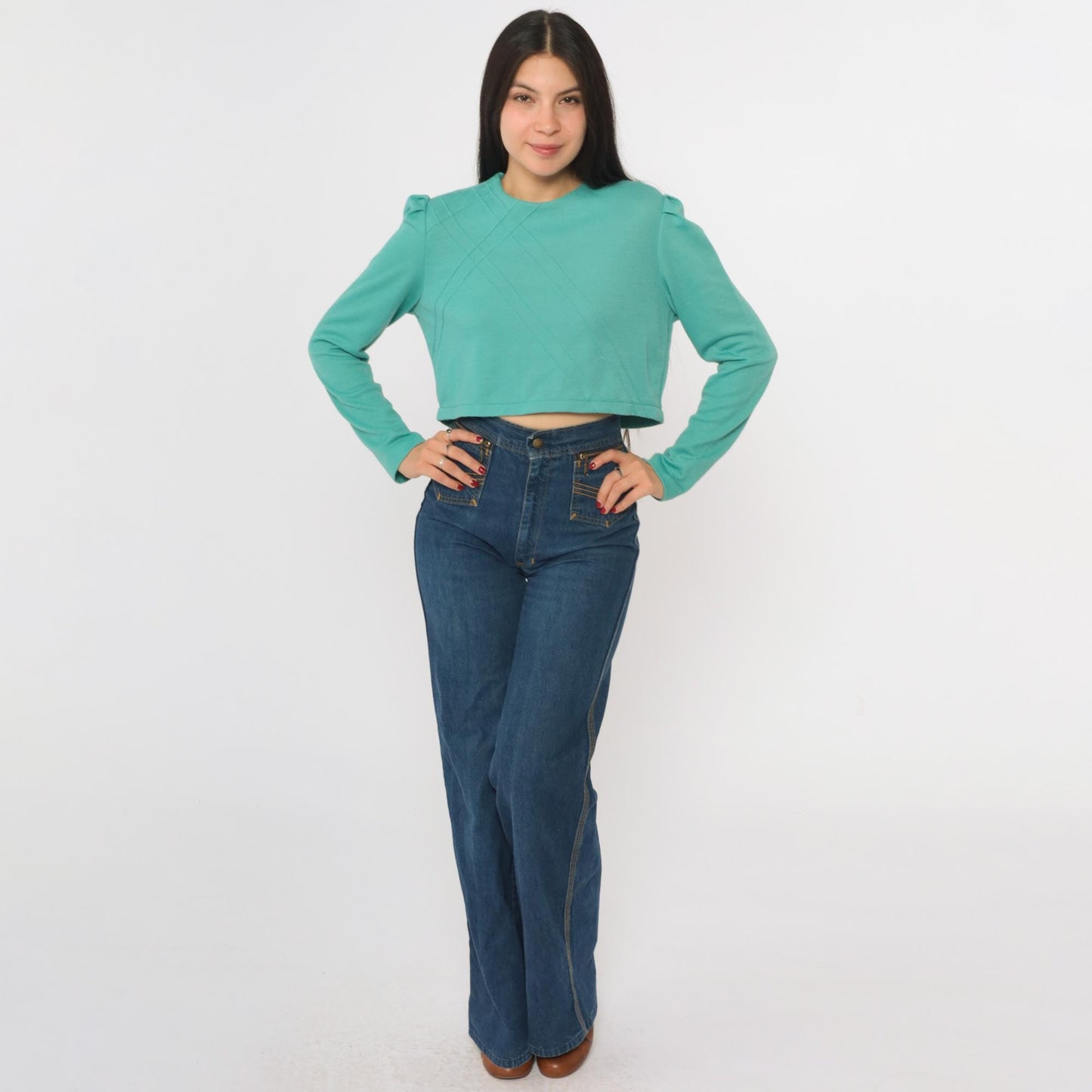 80s Green Puff Sleeve Crop Top Lattice Texture Wool Blend Medium