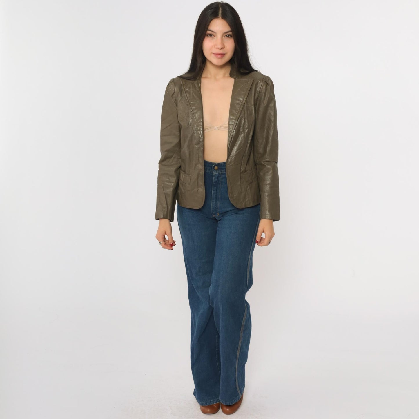 80s Carlisle Couture Brown Leather Blazer Puff Sleeve Open Front Small