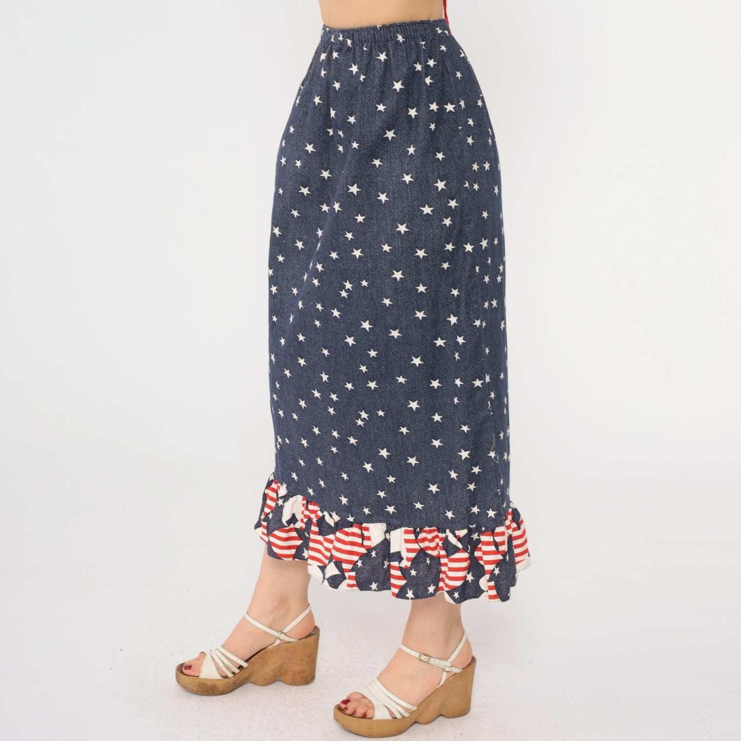 90s Patriotic Midi Skirt American Flag Star Print Ruffle Hem Red White Blue XS