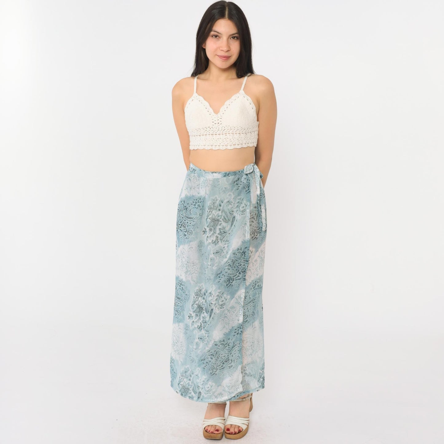 00s Blue Paisley Floral Wrap Maxi Skirt High Waist Tie Ankle Length Small