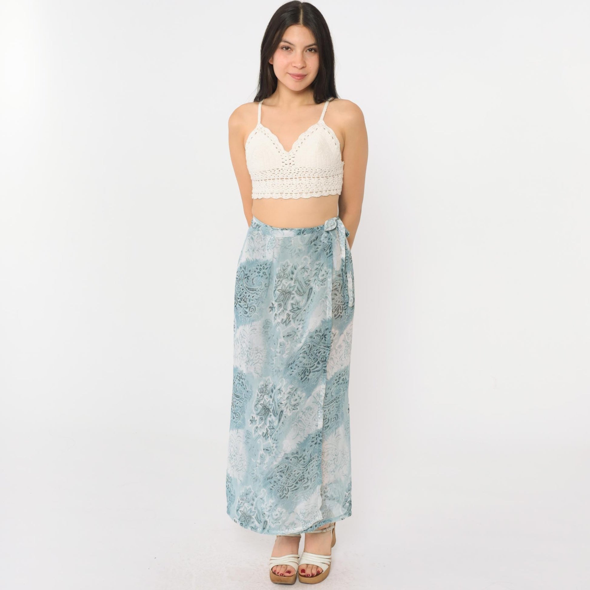 00s Blue Paisley Floral Wrap Maxi Skirt High Waist Tie Ankle Length Small