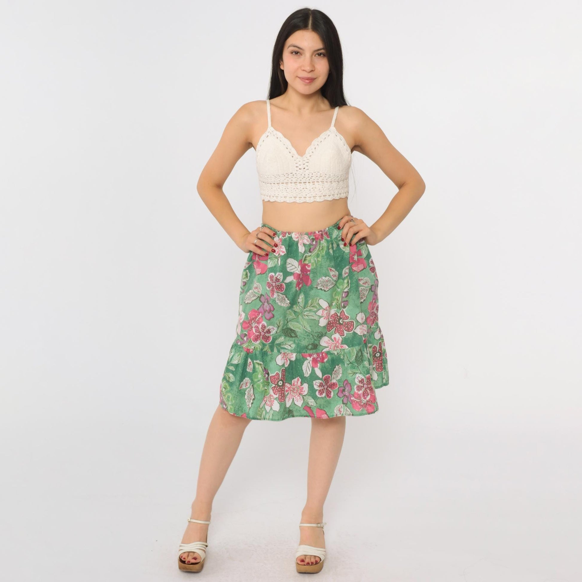 80s Green Floral Tiered Skirt High Waist Pink Print Knee Length Small Medium
