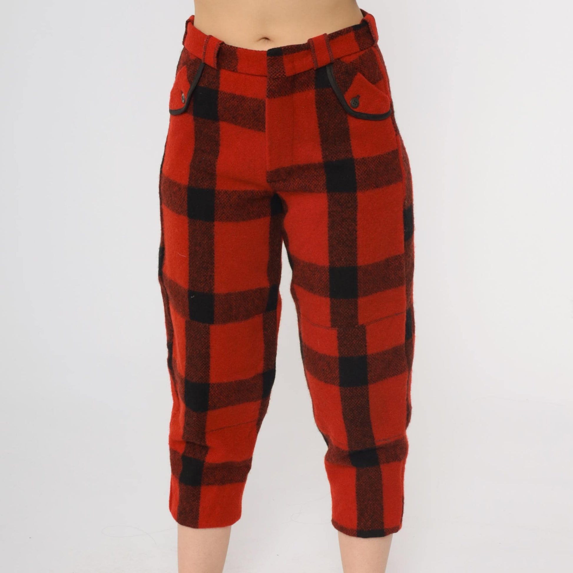 70s Buffalo Plaid Wool Capris Red Black High Waisted Cropped Pants Small